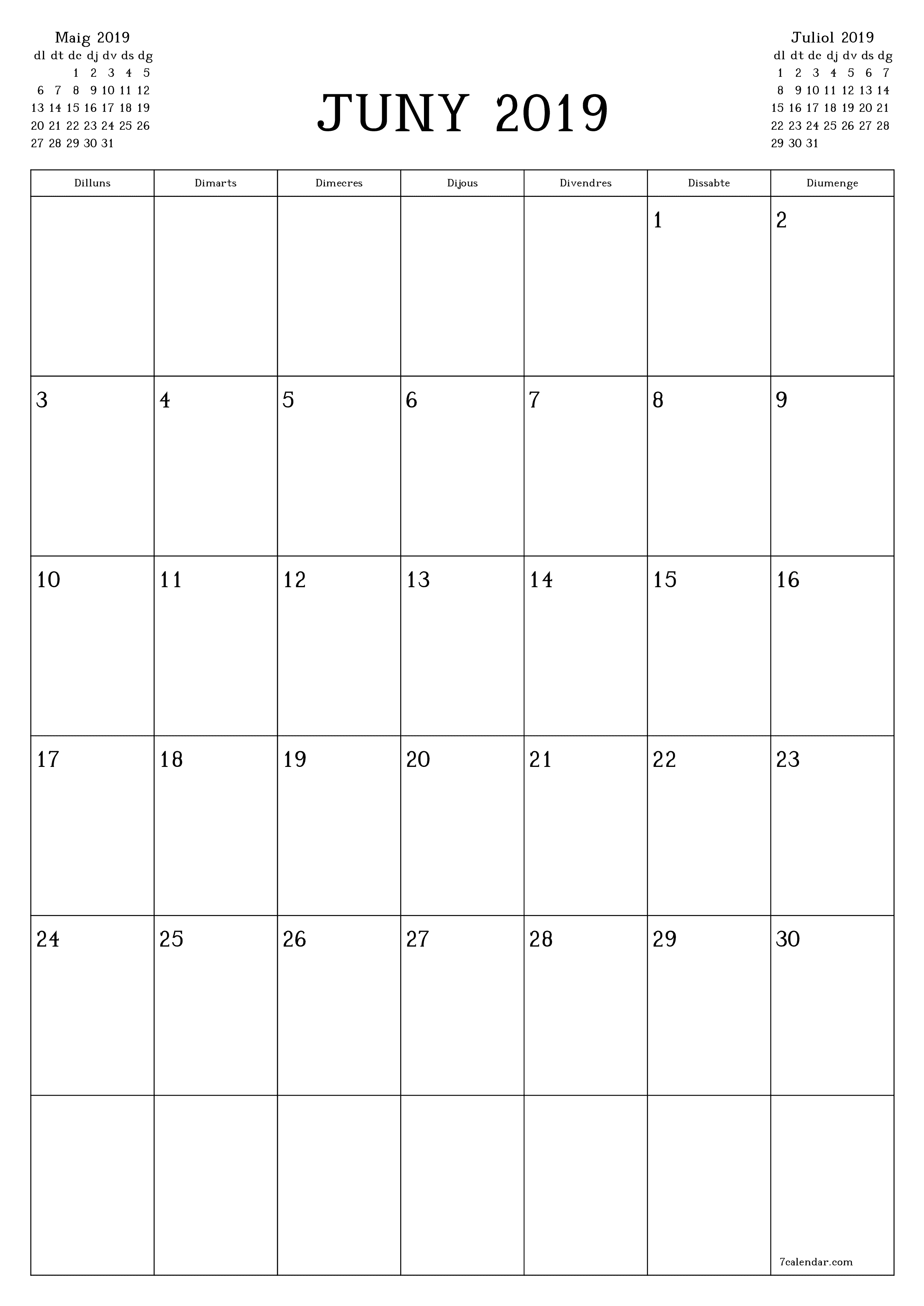  imprimible de paret plantilla de gratuïtvertical Mensual planificador calendari Juny (Jun) 2019