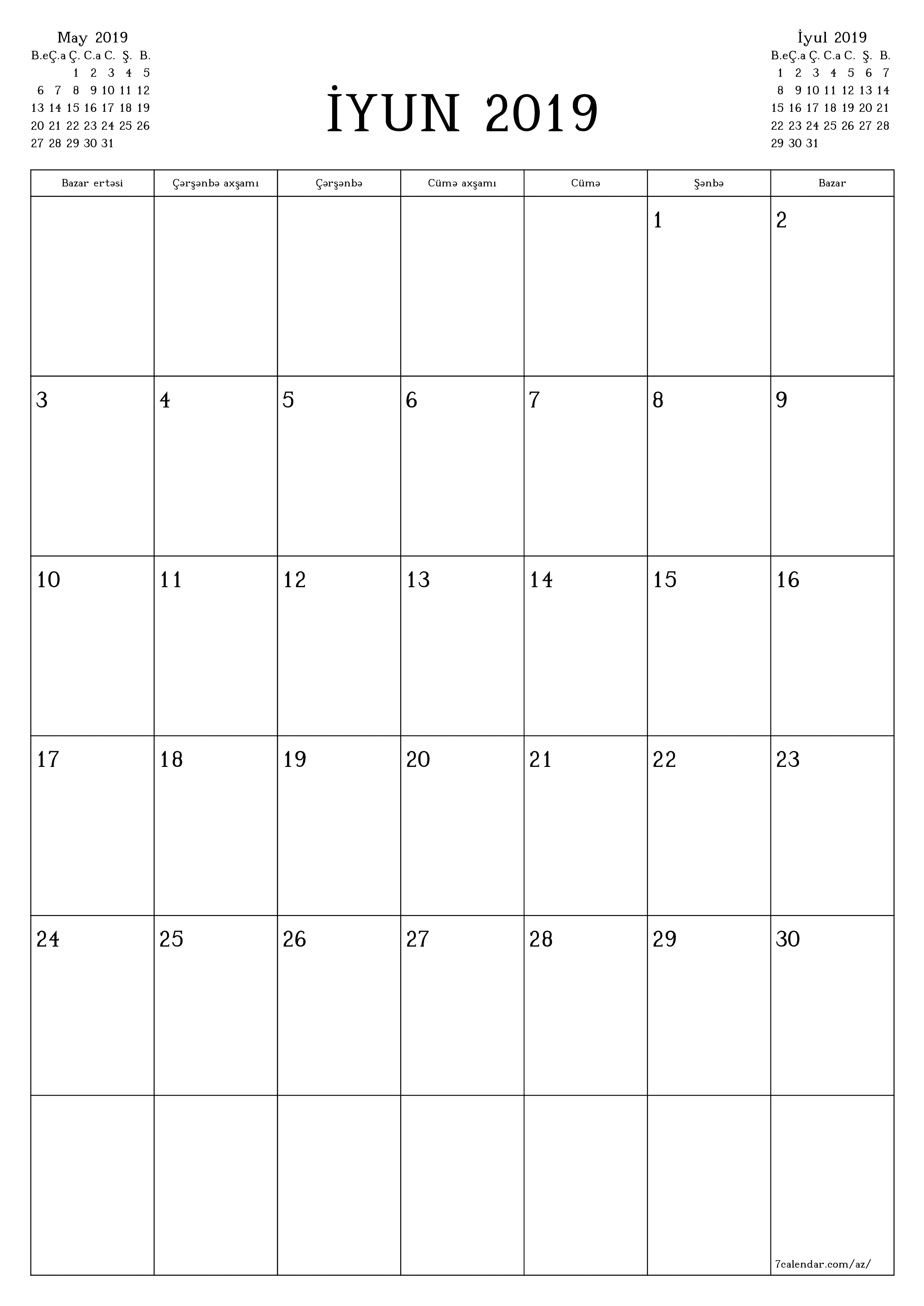 İyun 2019 ayı üçün qeydlər ilə boş aylıq planlayıcı, qeyd edin və PDF-ə yazdırın PNG Azerbaijani
