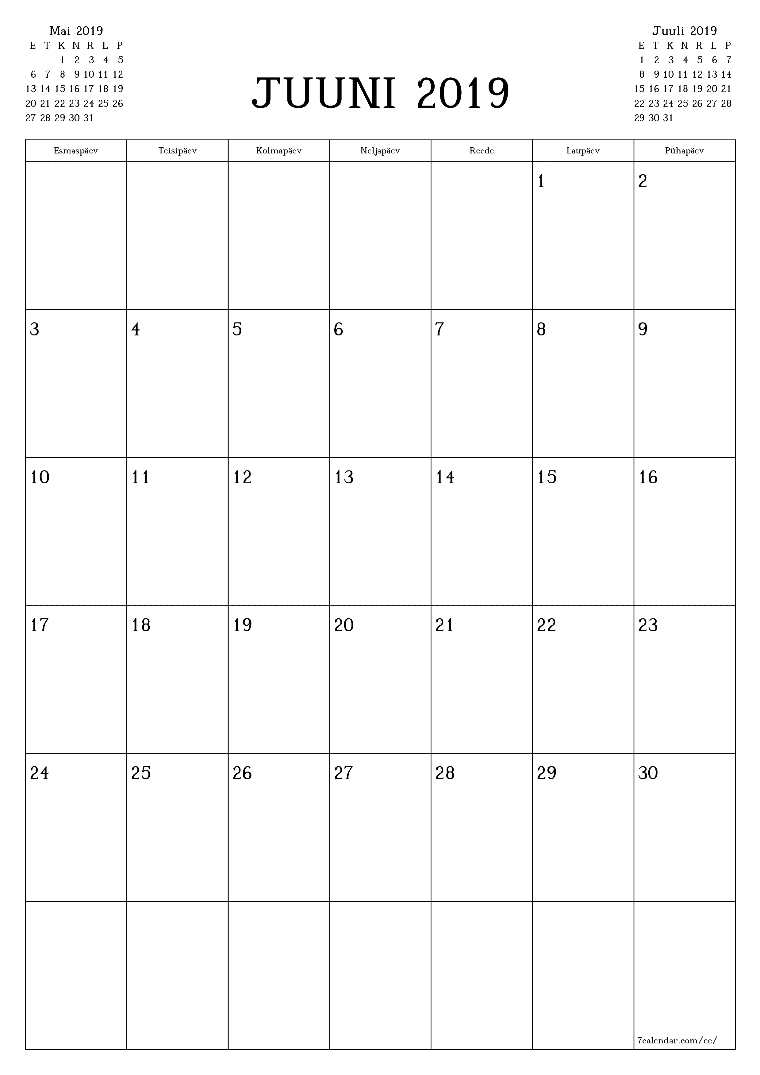 prinditav seina kalendri mall tasuta vertikaalne Igakuine planeerija kalender Juuni (Juuni) 2019