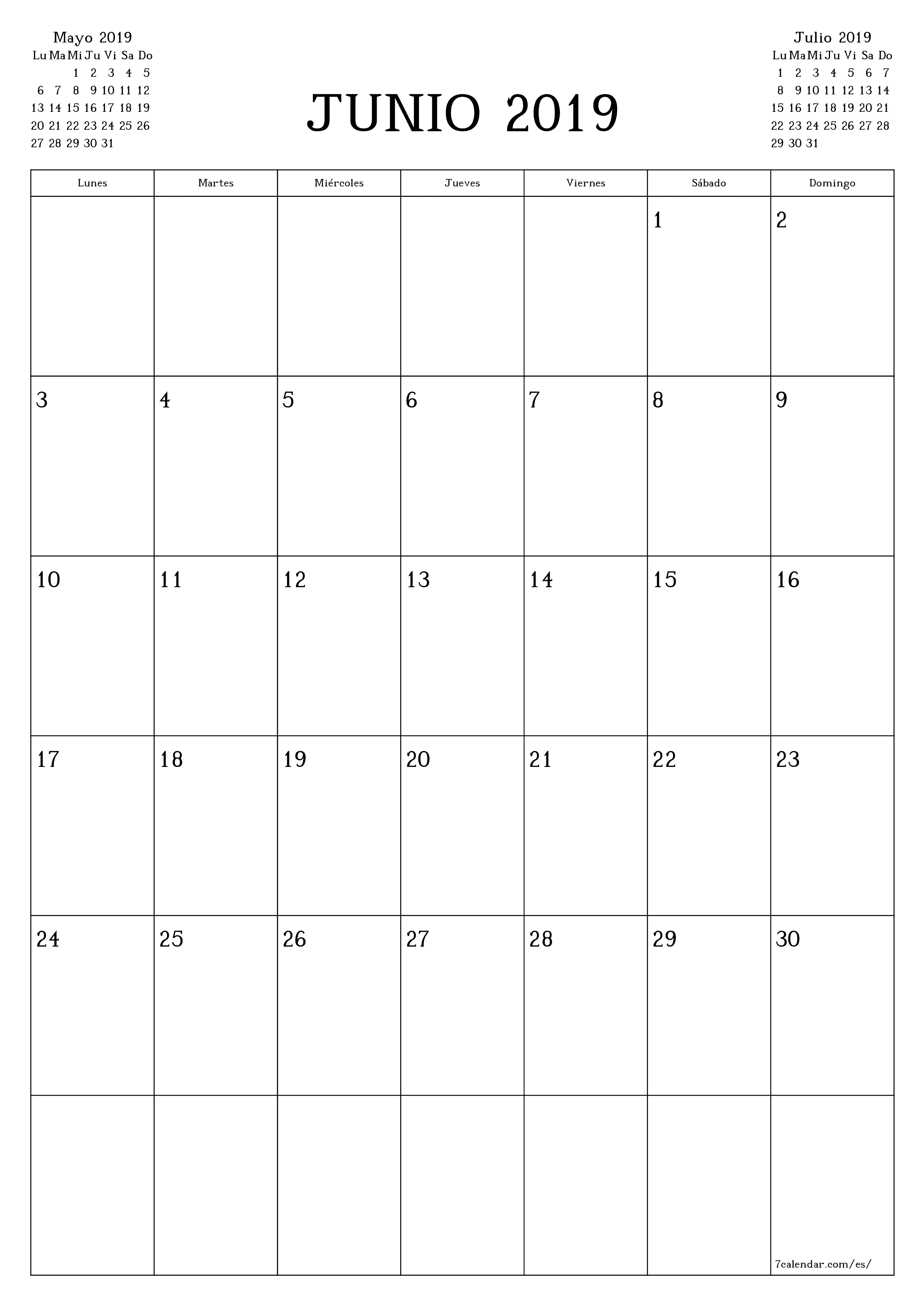 Planificador mensual vacío para el mes Junio 2019 con notas, guardar e imprimir en PDF PNG Spanish