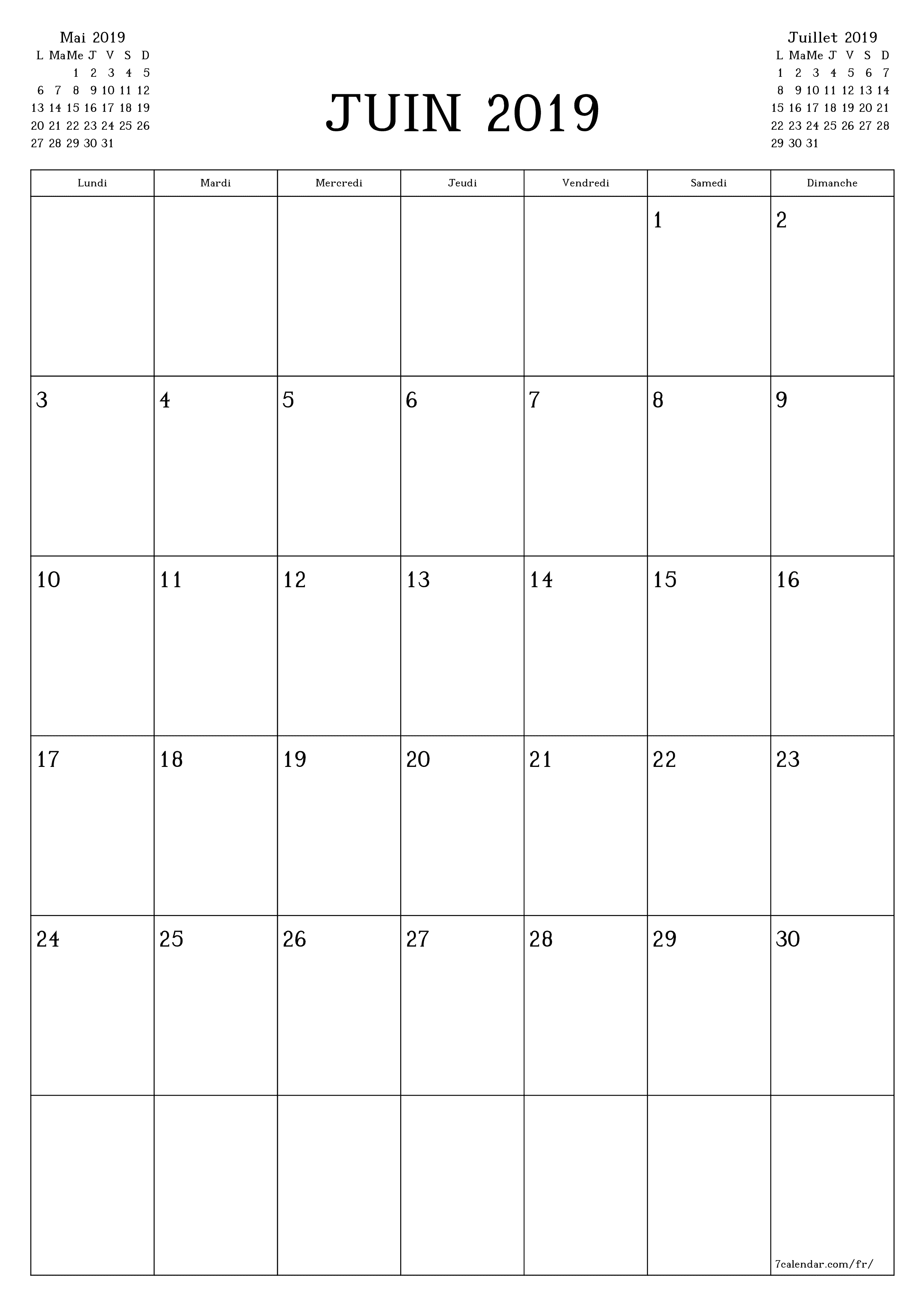  imprimable mural modèle de gratuitverticale Mensuel planificateur calendrier Juin (Jui) 2019