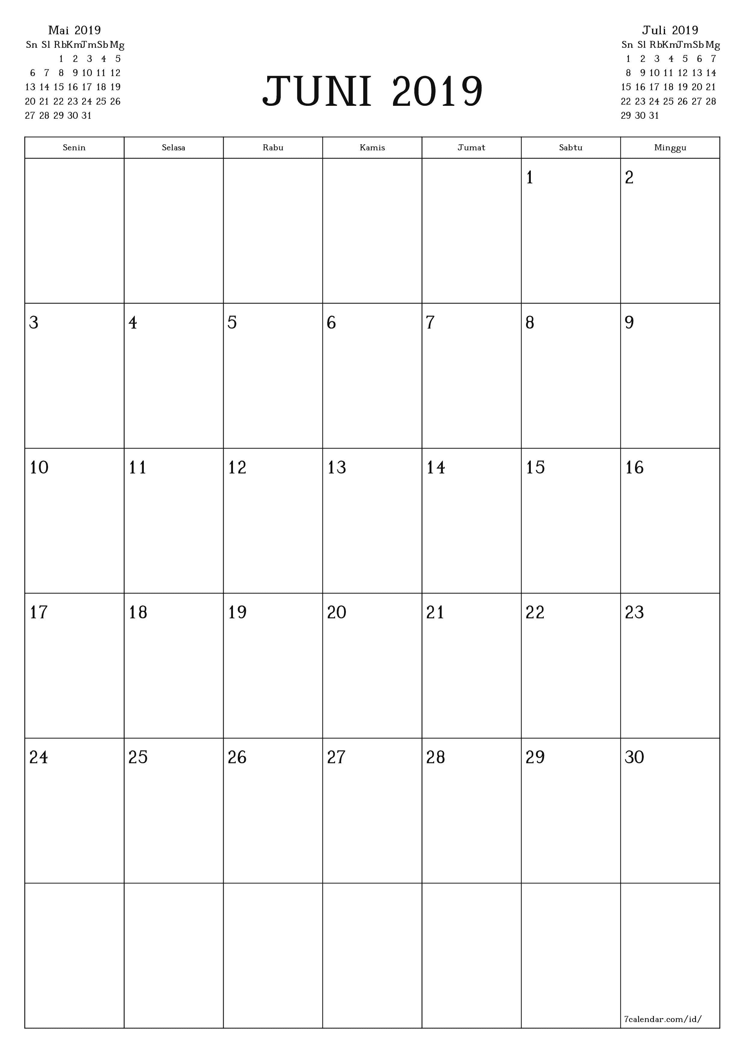  yang dapat dicetak dinding templat gratisvertikal Bulanan perencana kalender Juni (Jun) 2019