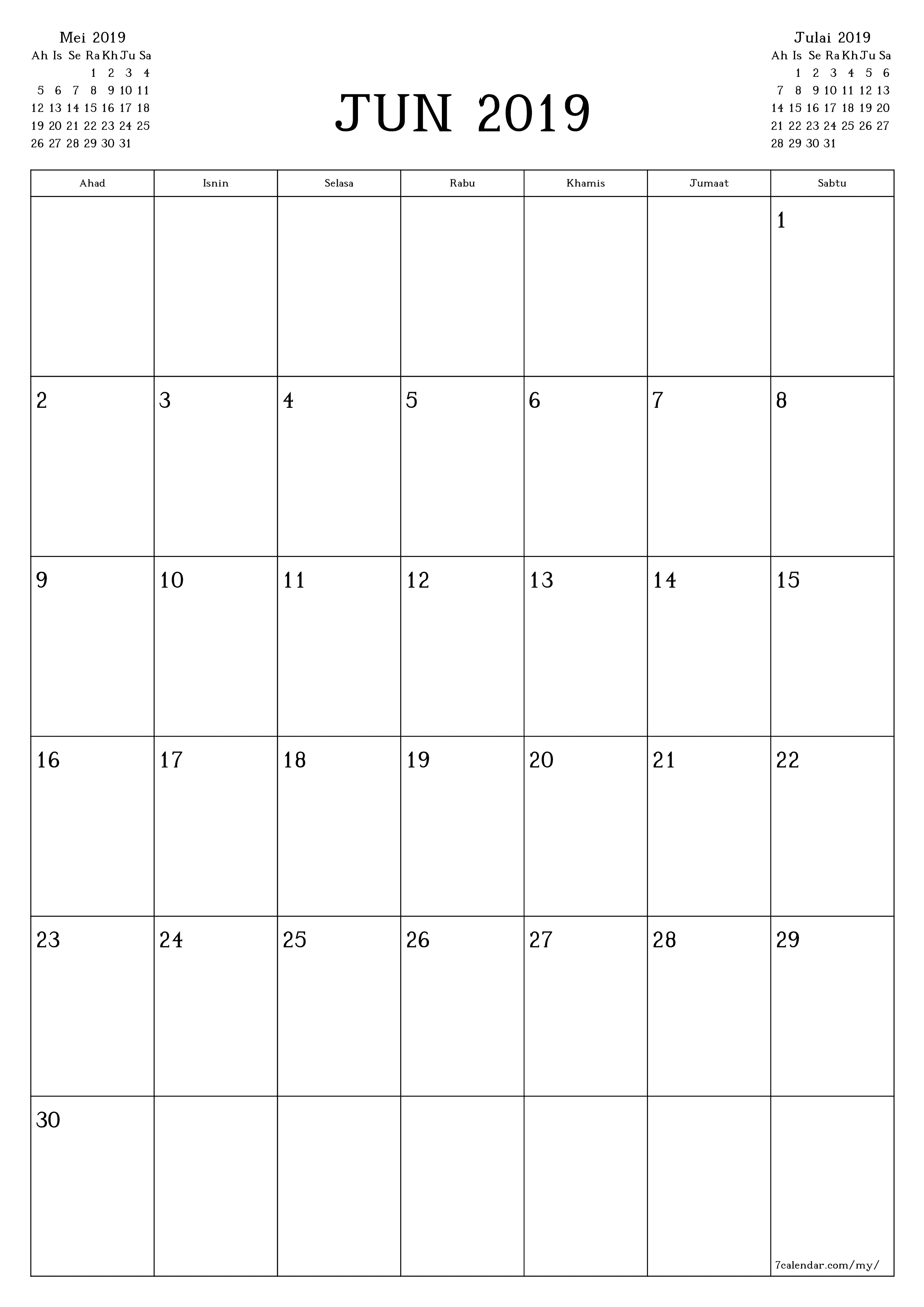 Perancang bulanan kosong untuk bulan Jun 2019 dengan nota, simpan dan cetak ke PDF PNG Malay