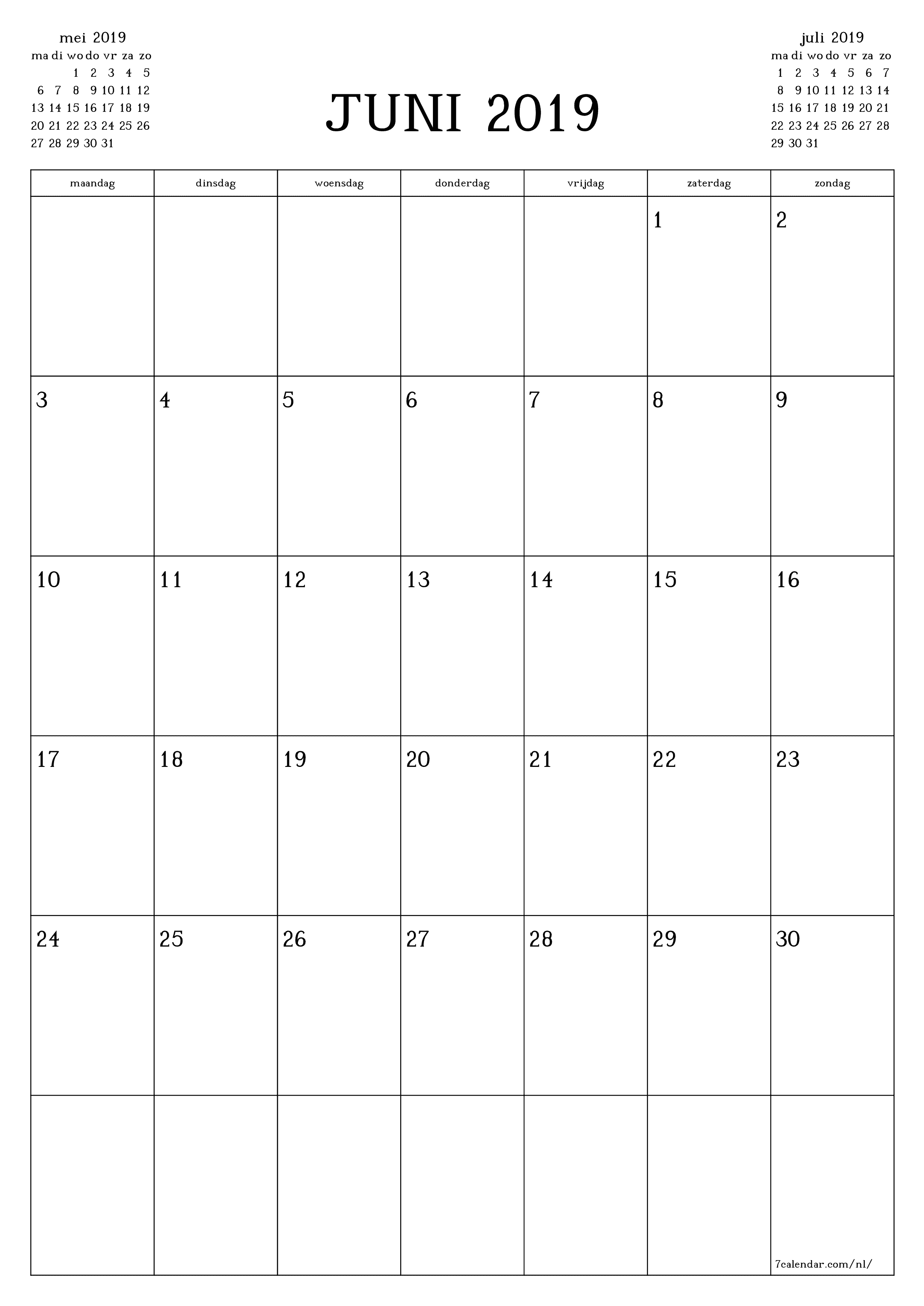 Lege maandplanner voor maand juni 2019 met notities, opslaan en afdrukken naar pdf PNG Dutch