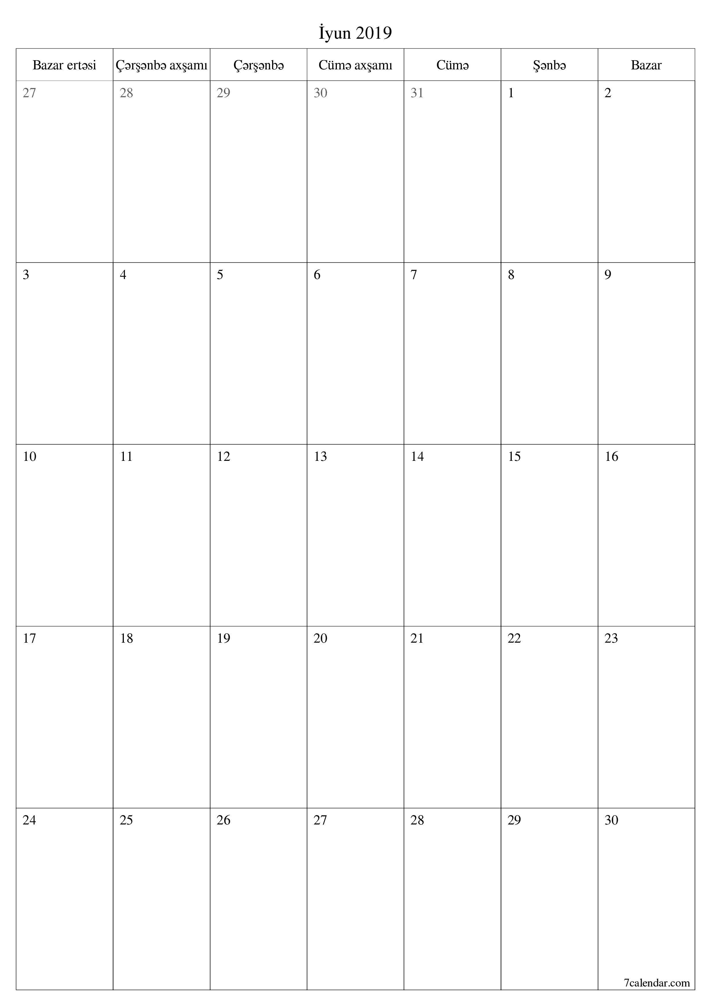 çap edilə bilən divar i şablonu pulsuz şaquli Aylıq planlaşdırıcı təqvim İyun (İyun) 2019