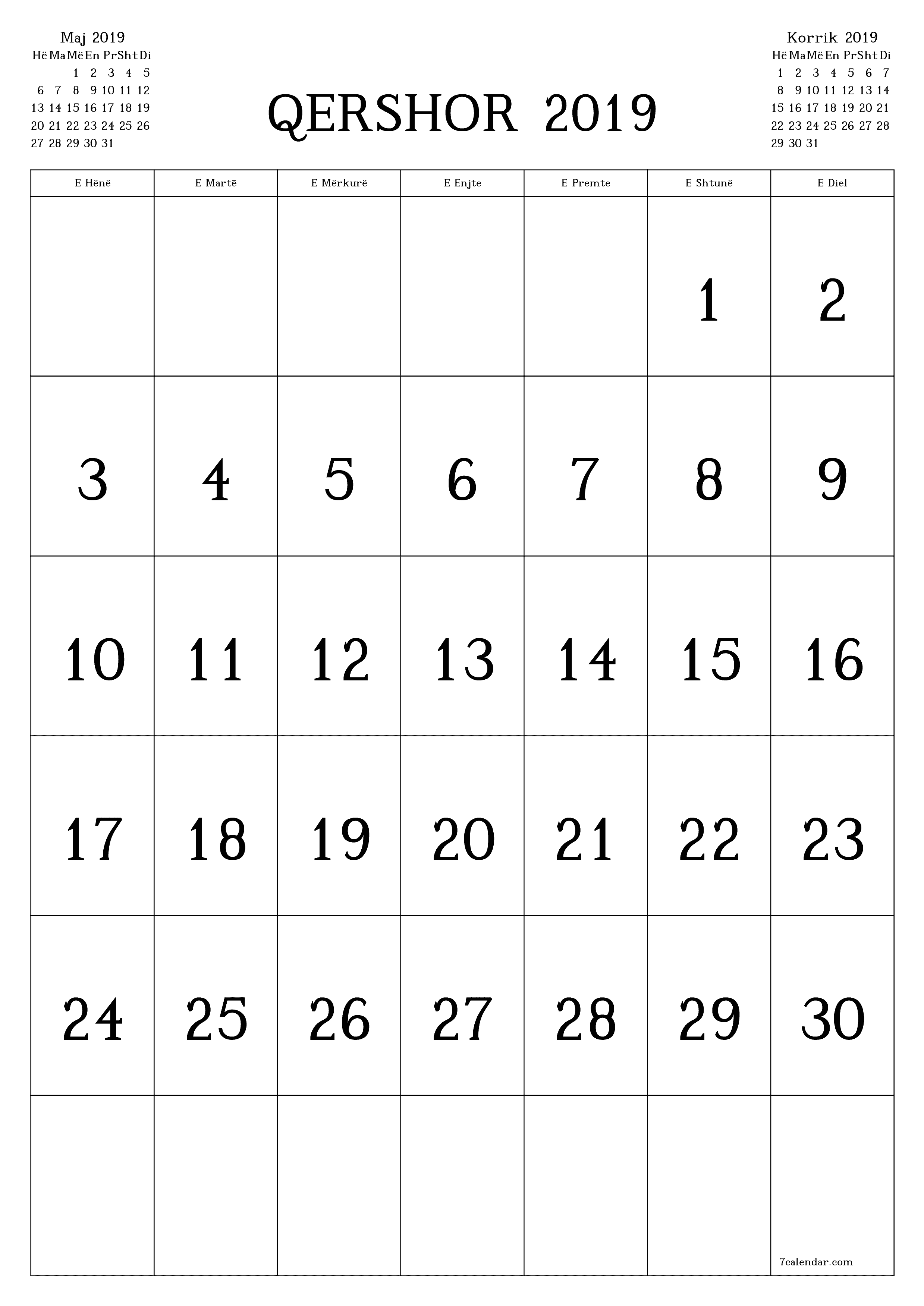  i printueshëm muri shabllon falasvertikale mujore kalendar Qershor (Qer) 2019