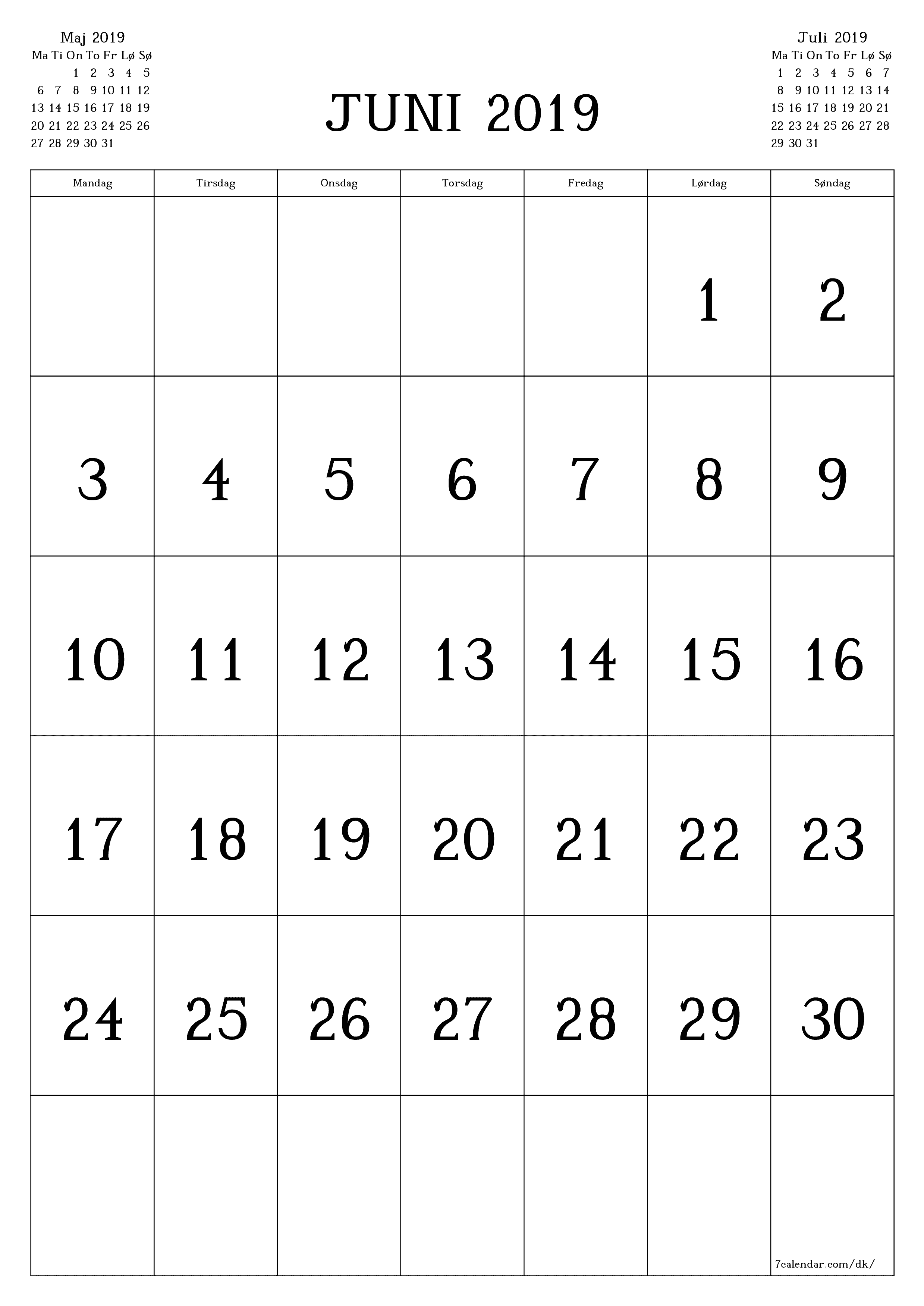 udskrivbar væg skabelon gratis lodret Månedlig kalender Juni (Jun) 2019