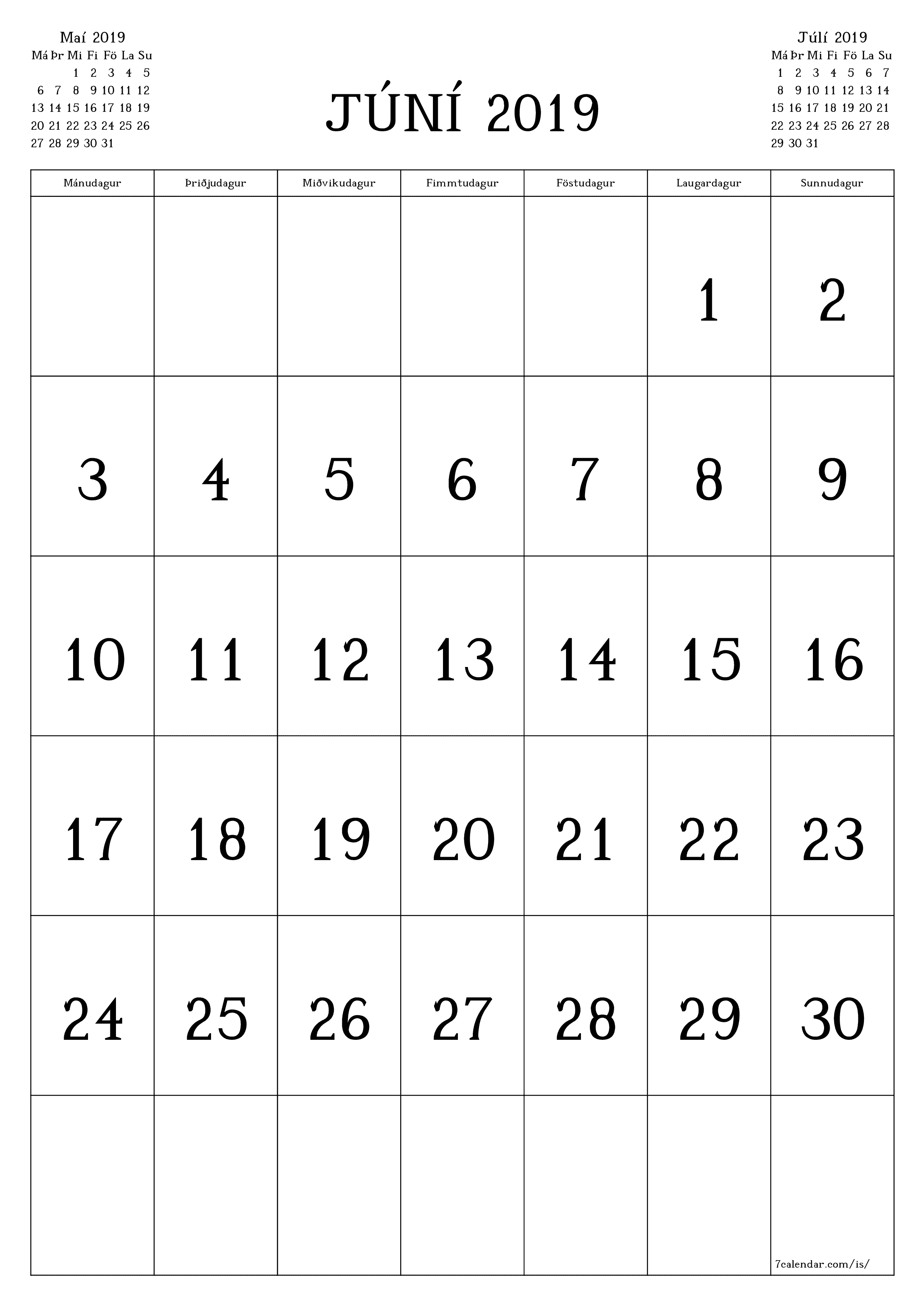 Tómur mánaðarlegur skipuleggjandi fyrir mánuðinn Júní 2019 með athugasemdum, vista og prenta á PDF PNG Icelandic
