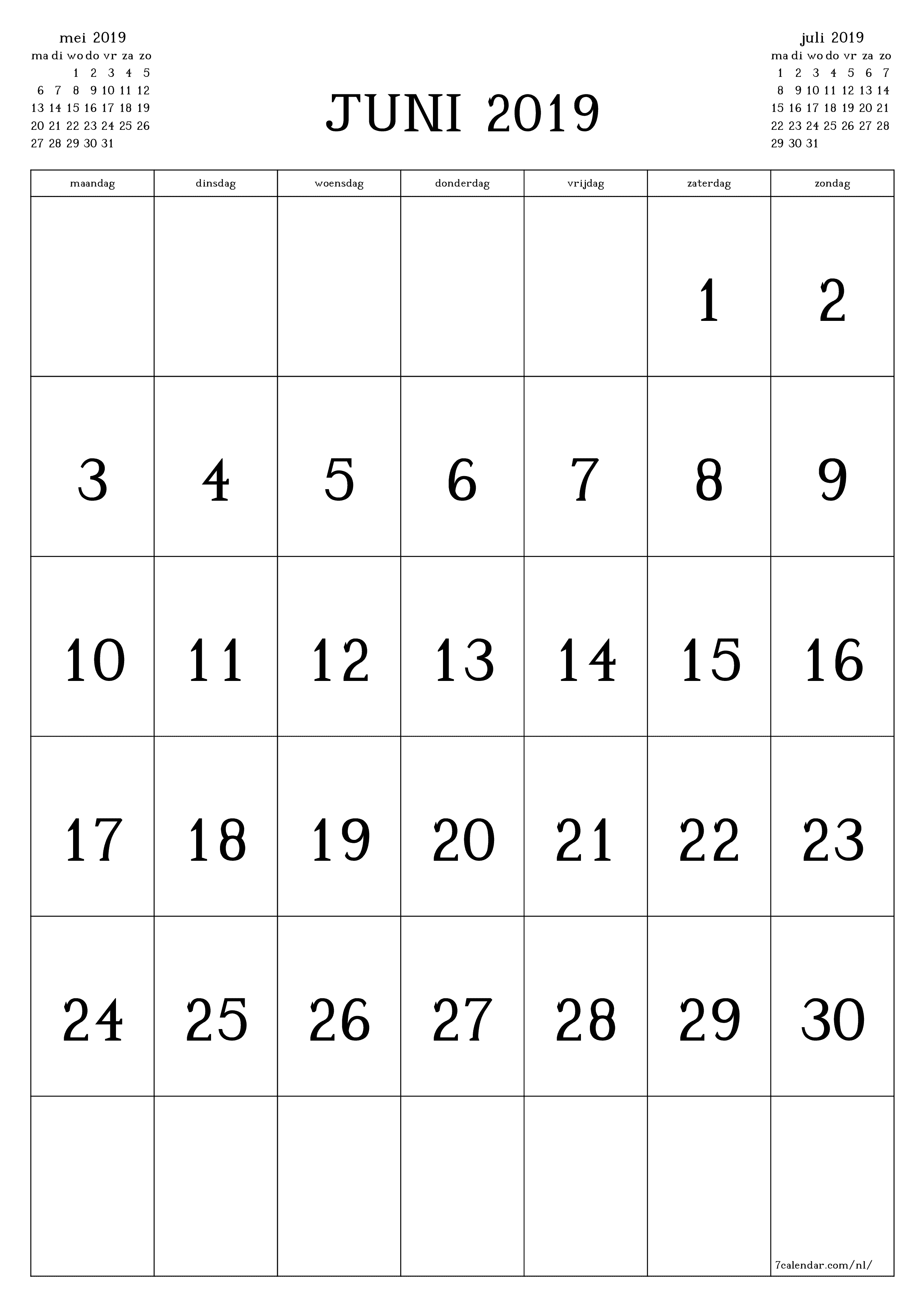 afdrukbare muur sjabloon gratis verticaal Maandelijks kalender juni (jun) 2019