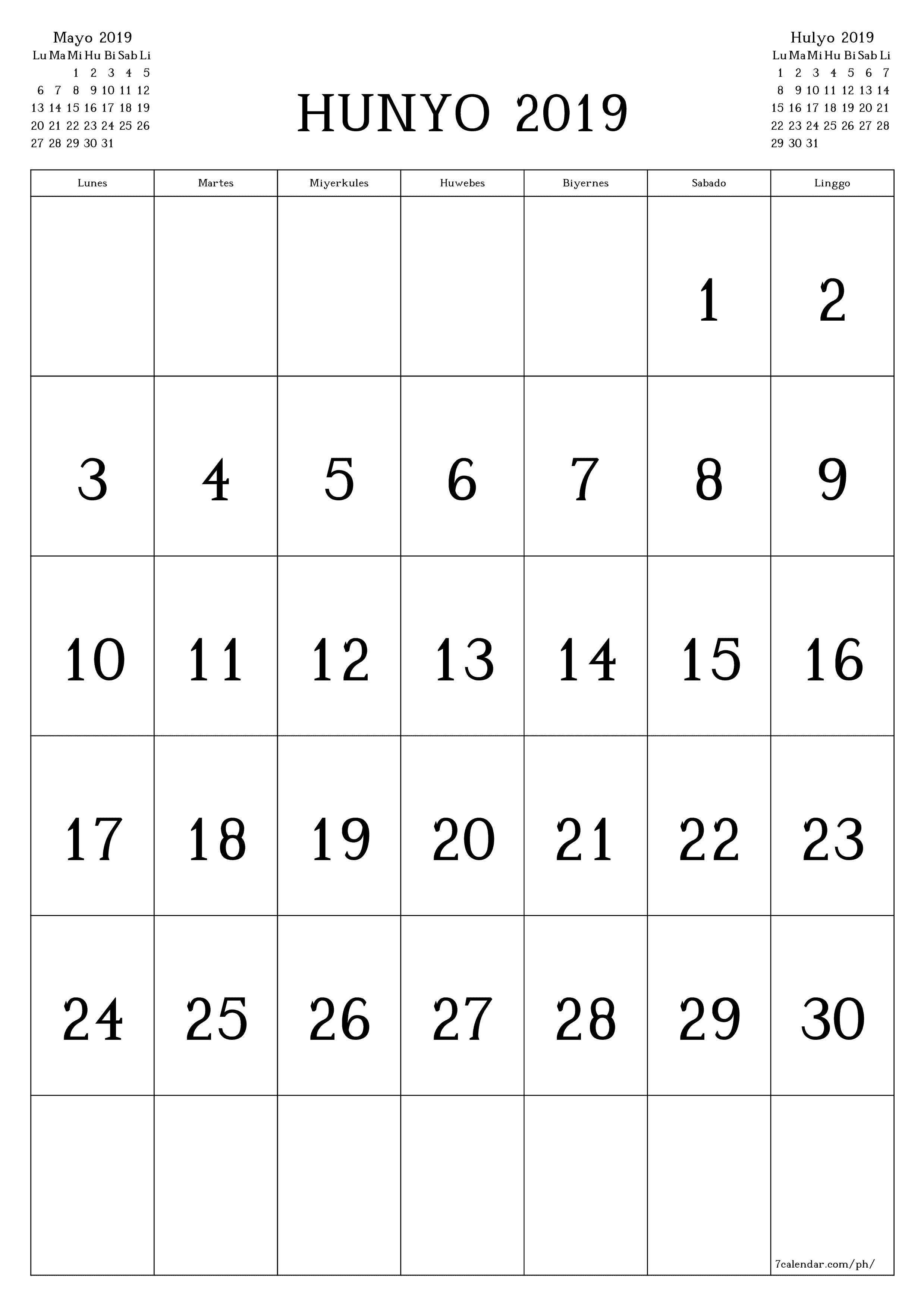 napi-print na sa dingding template ng libreng patayo Buwanang kalendaryo Hunyo (Hun) 2019