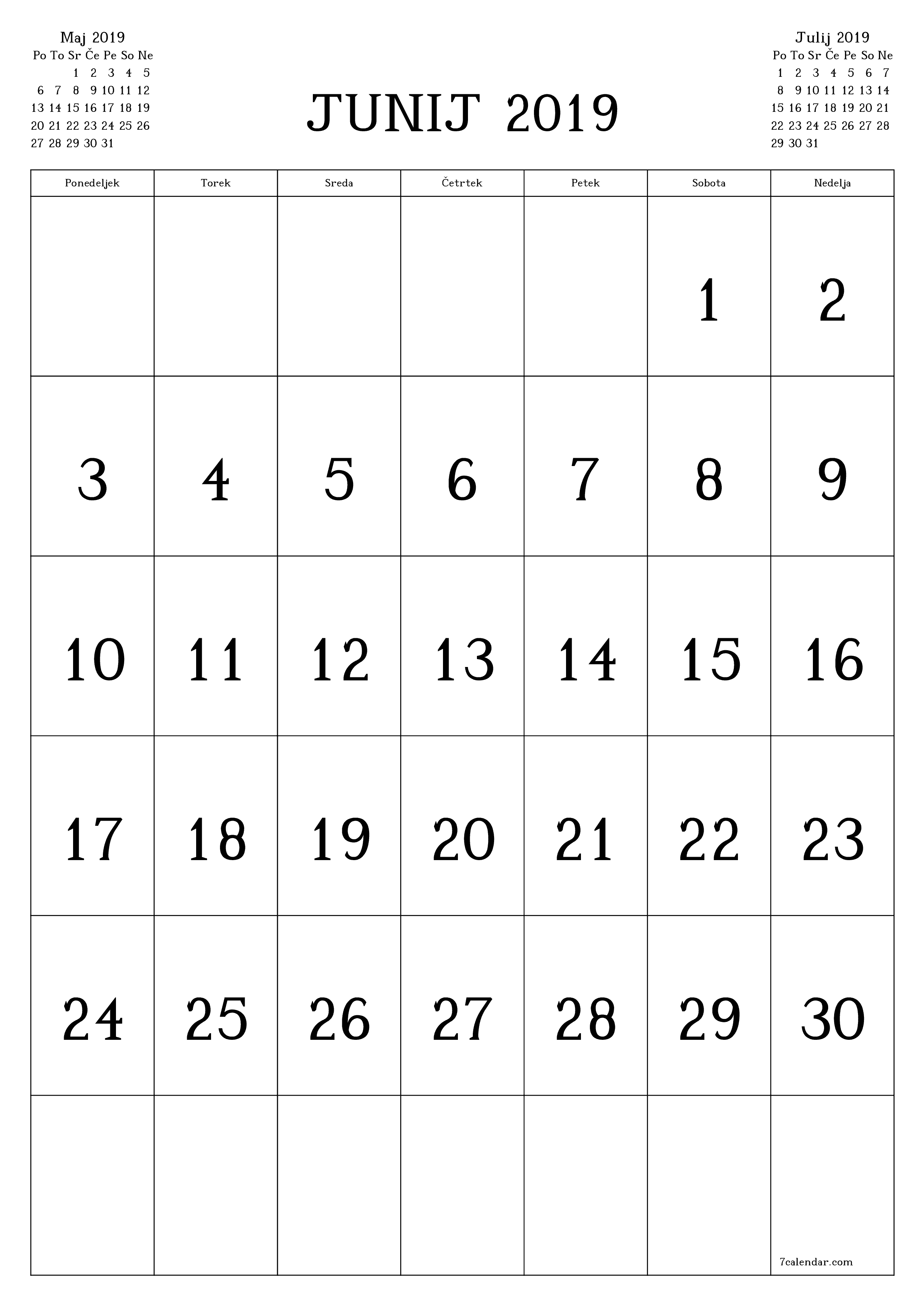 natisljiv stenski ska predloga brezplačni vertical Mesečno koledar Junij (Jun) 2019