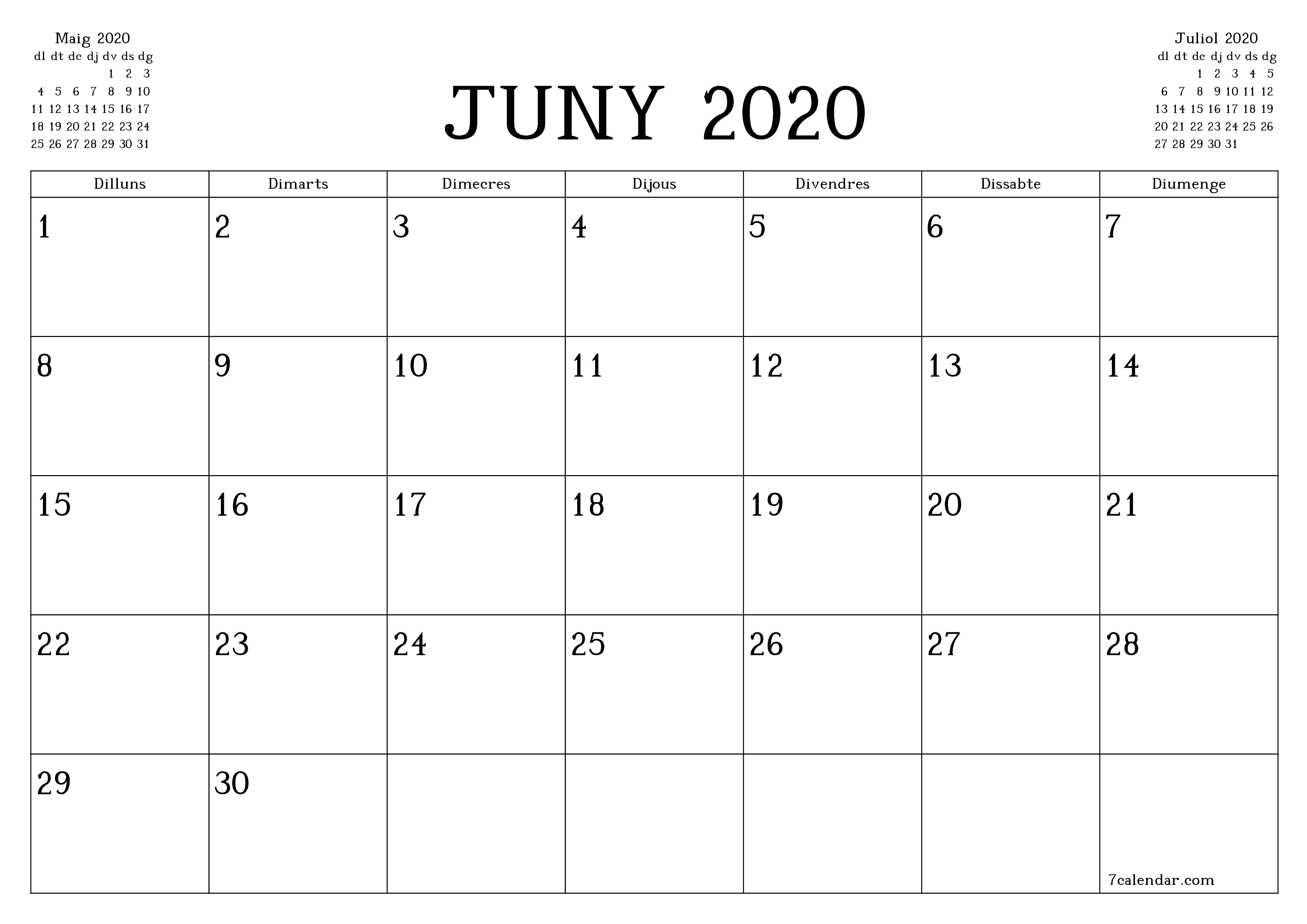  imprimible de paret plantilla de gratuïthoritzontal Mensual planificador calendari Juny (Jun) 2020