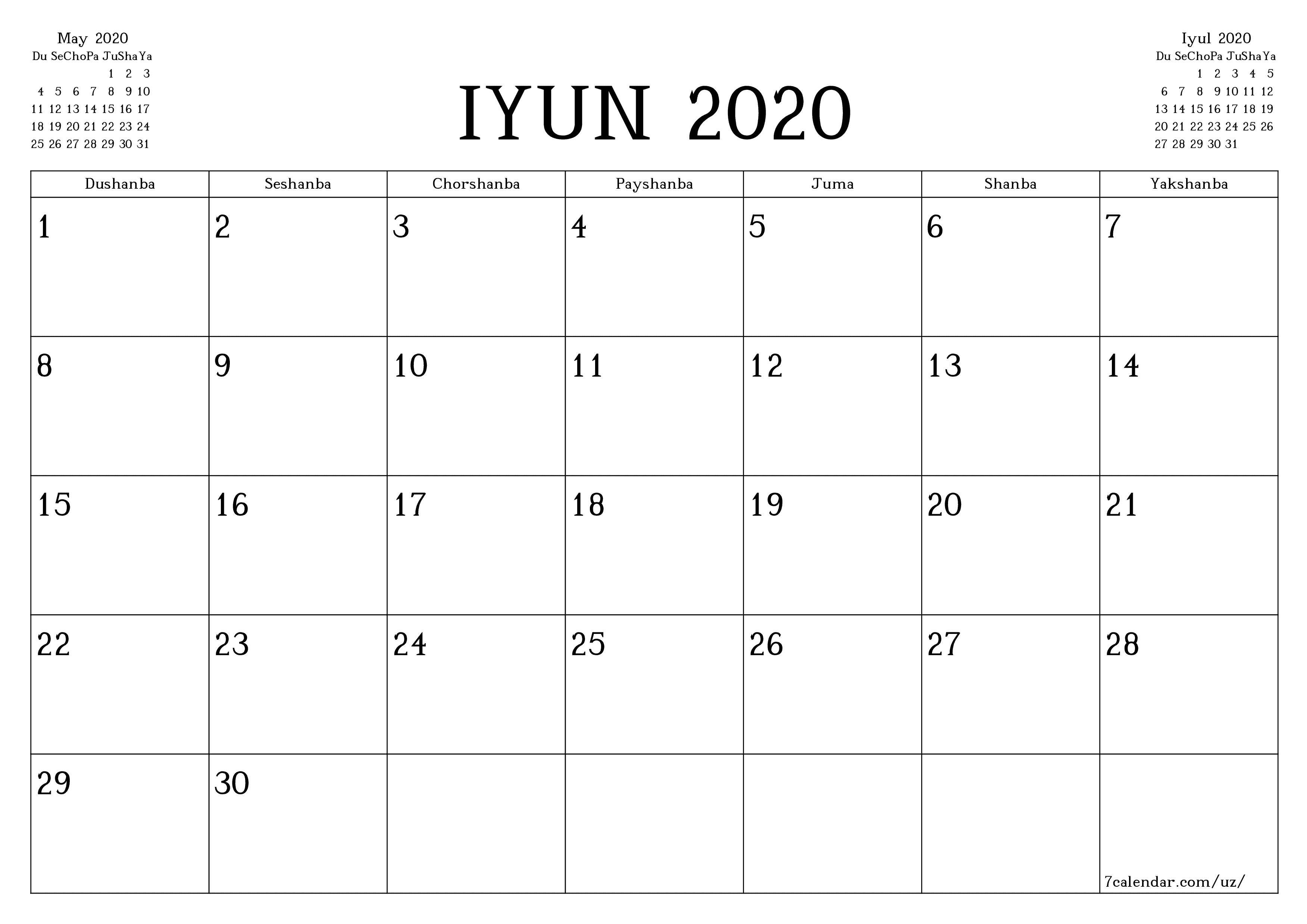 chop etiladigan devor taqvimi shabloni bepul gorizontal Oylik rejalashtiruvchi kalendar Iyun (Iyun) 2020