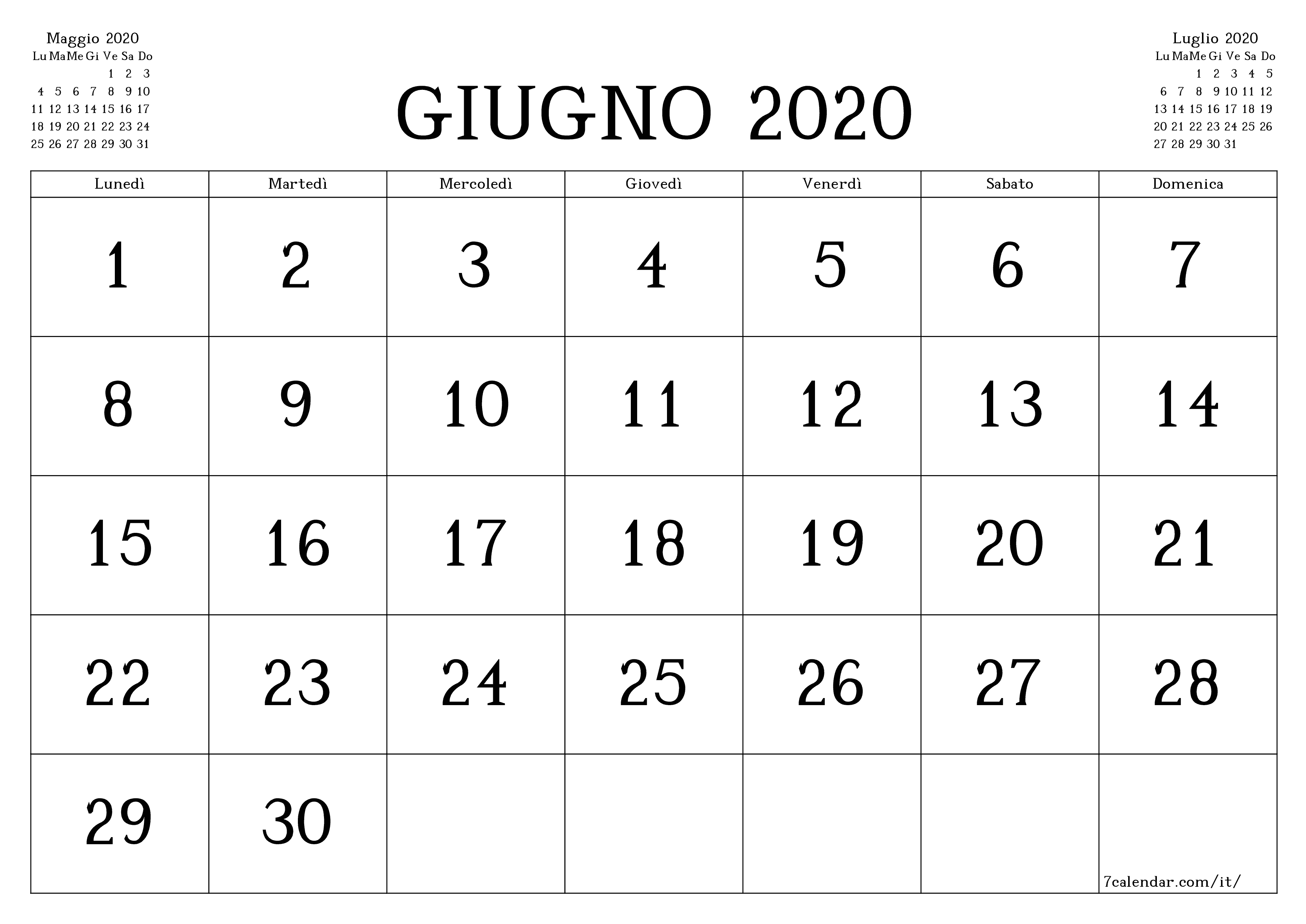 Pianificatore mensile vuoto per il mese Giugno 2020 con note, salva e stampa in PDF PNG Italian