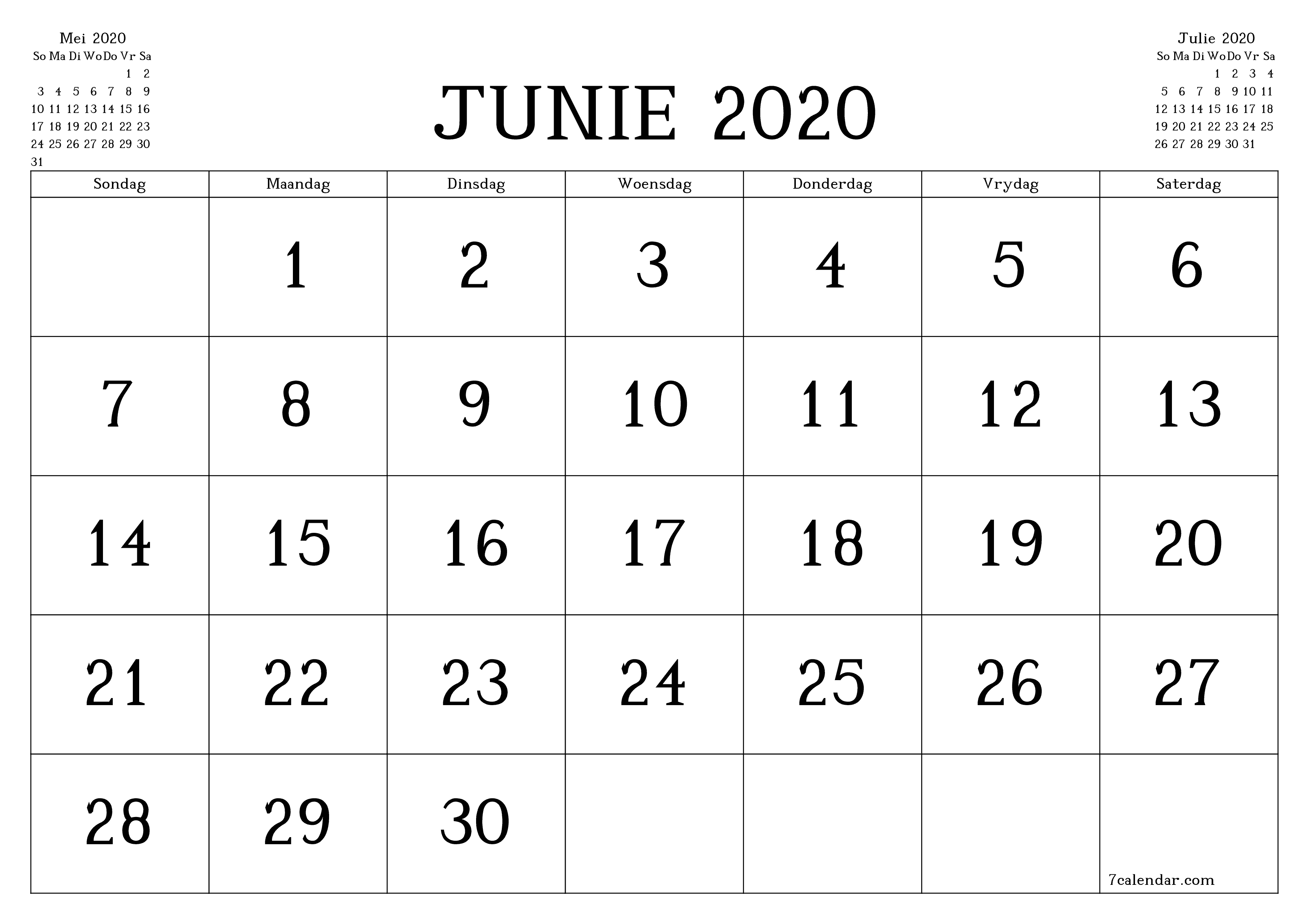 drukbare muur template gratis horisontaal Maandeliks kalender Junie (Jun) 2020