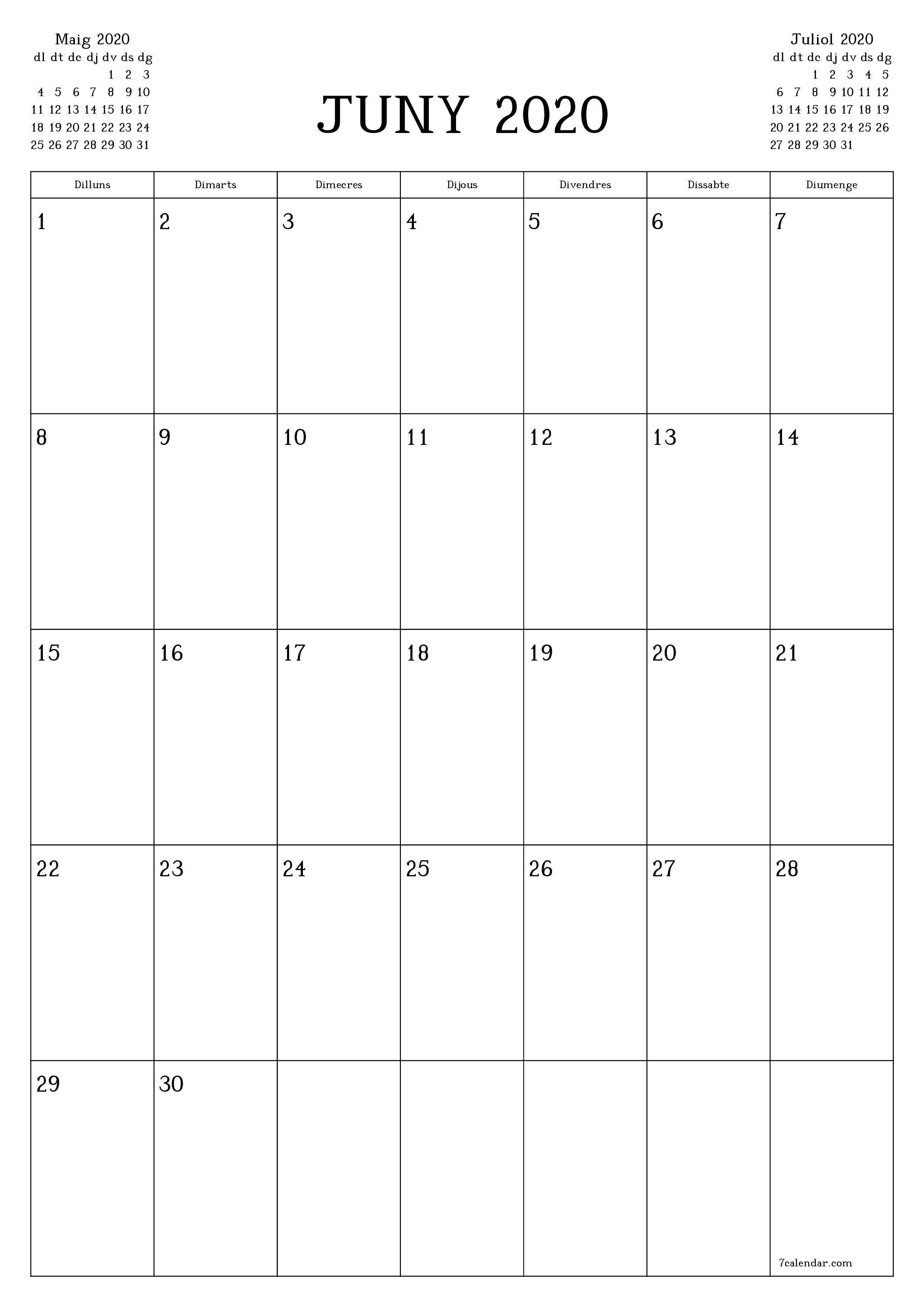  imprimible de paret plantilla de gratuïtvertical Mensual planificador calendari Juny (Jun) 2020