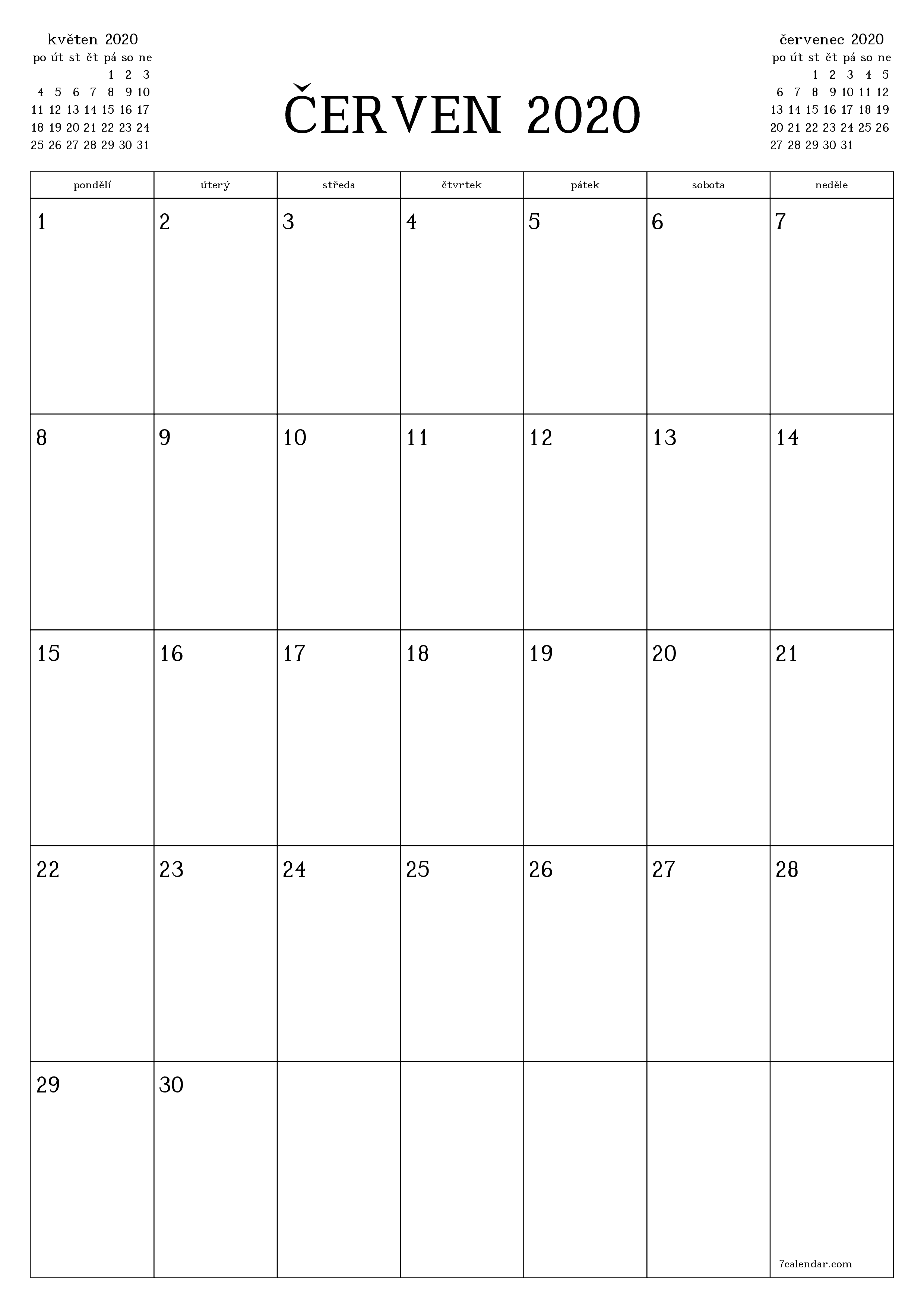  pro tisk nástěnný šablona e zdarmavertikální Měsíční plánovač kalendář červen (čvn) 2020