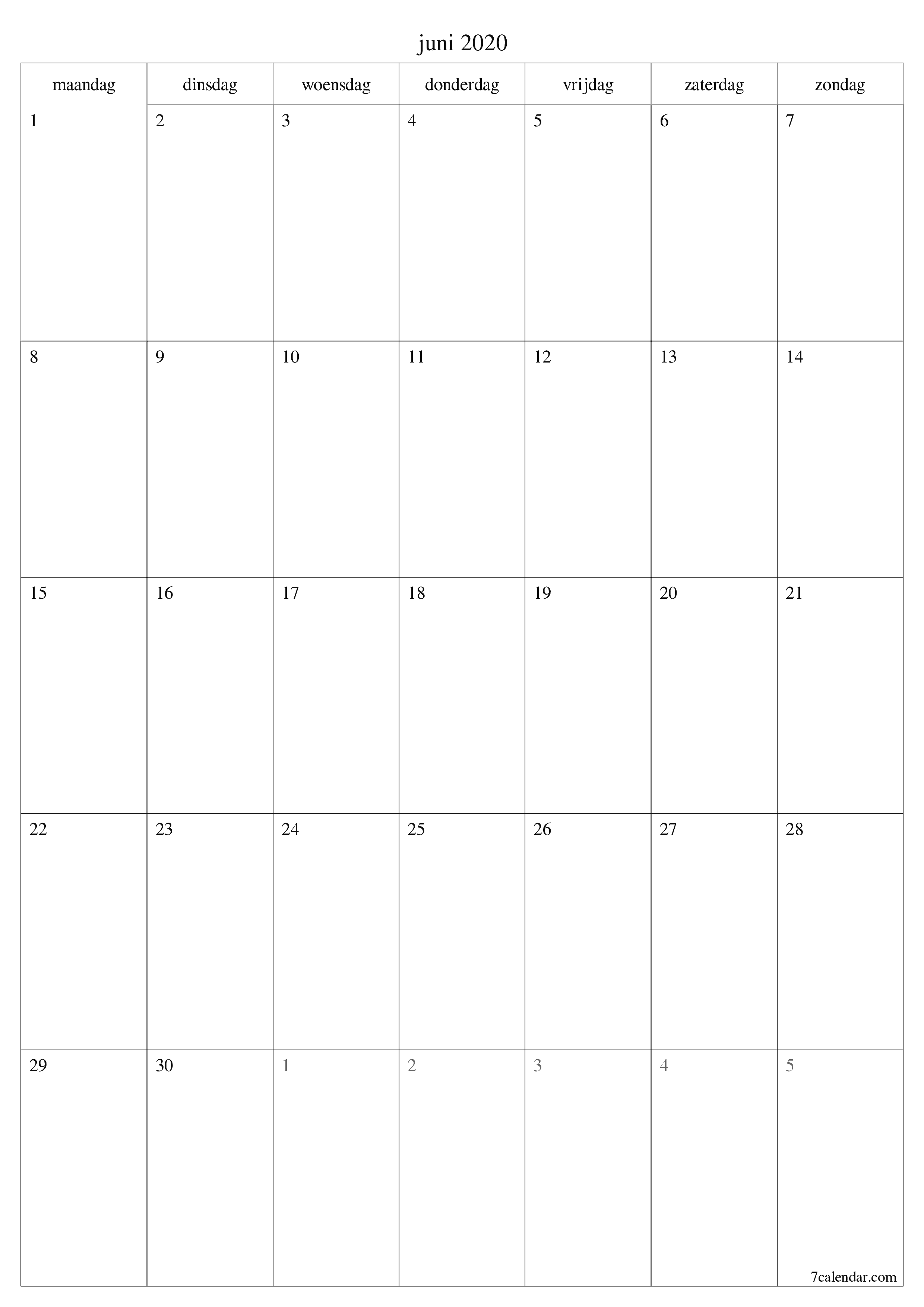 Lege maandplanner voor maand juni 2020 met notities, opslaan en afdrukken naar pdf PNG Dutch