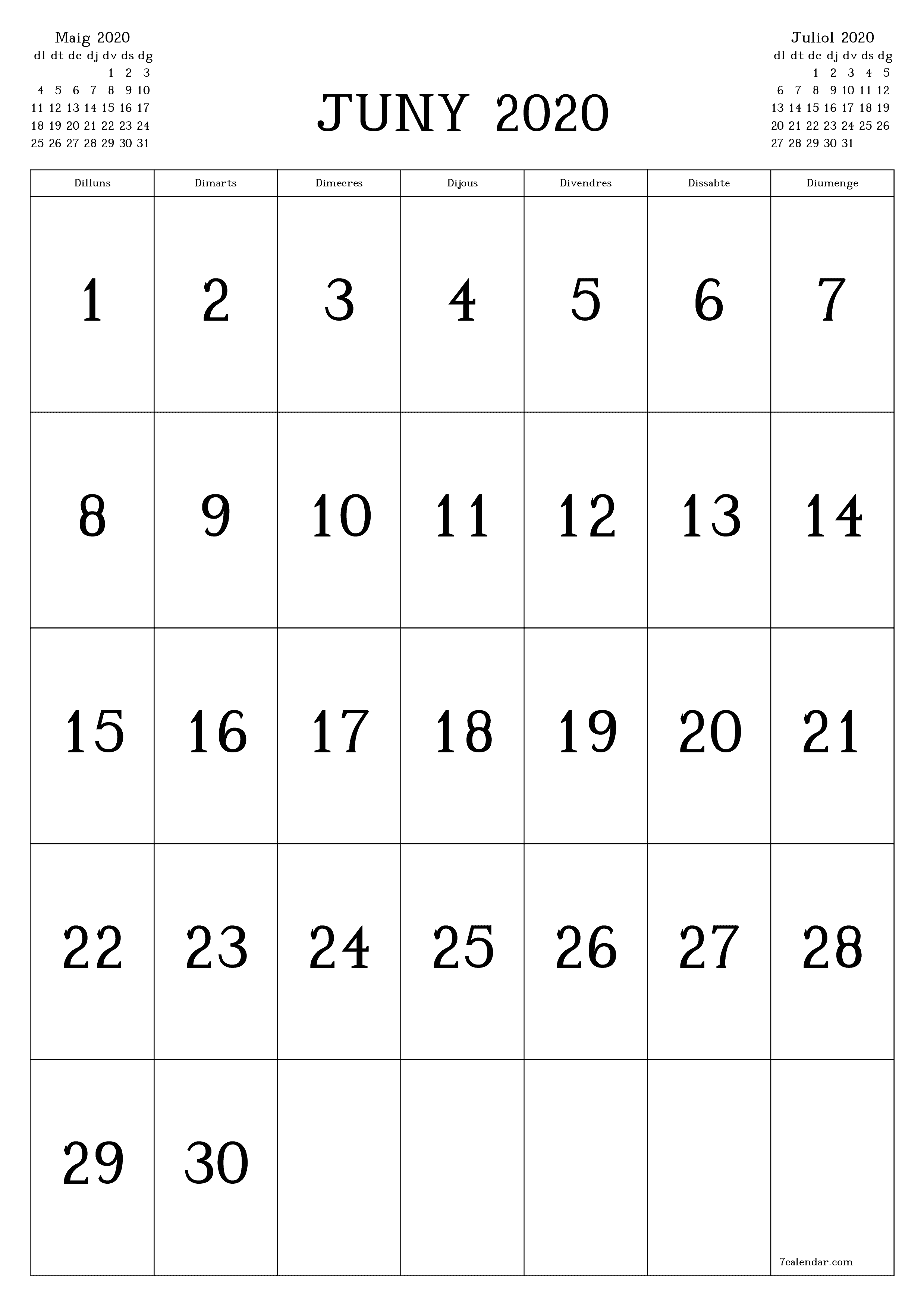  imprimible de paret plantilla de gratuïtvertical Mensual calendari Juny (Jun) 2020