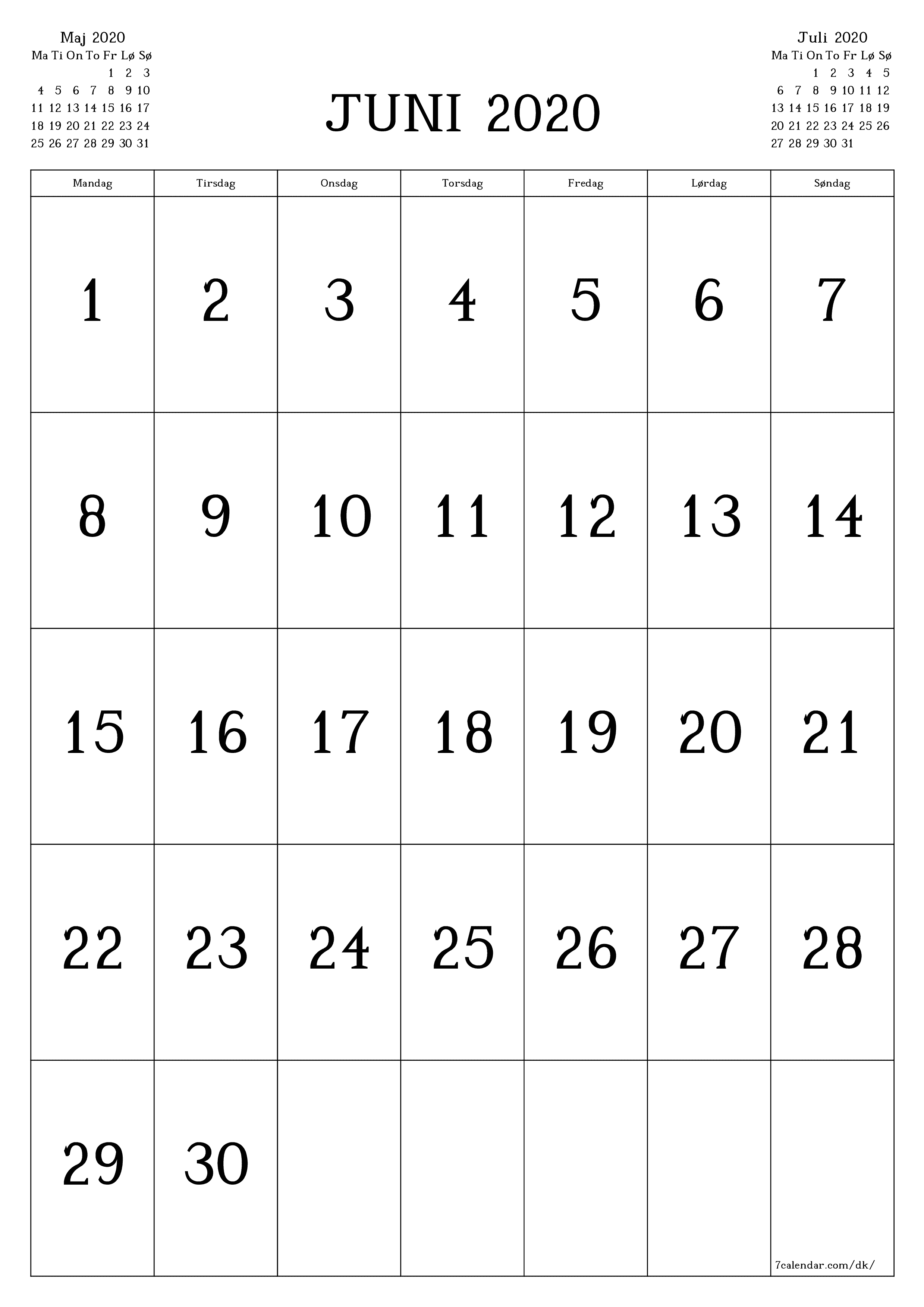 udskrivbar væg skabelon gratis lodret Månedlig kalender Juni (Jun) 2020