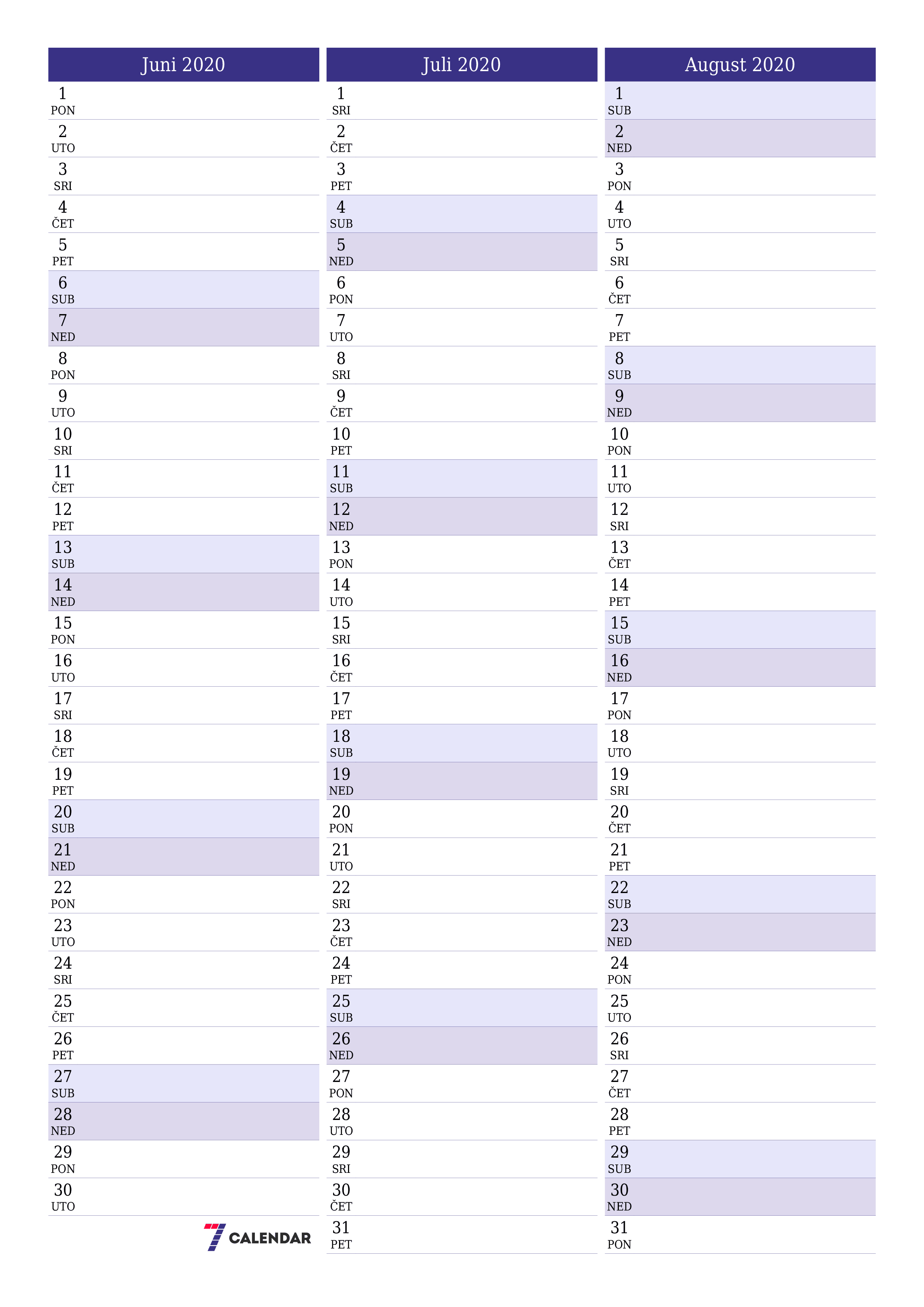 Ispraznite mjesečni planer za mjesec Juni 2020 s bilješkama, spremite i ispišite u PDF PNG Bosnian