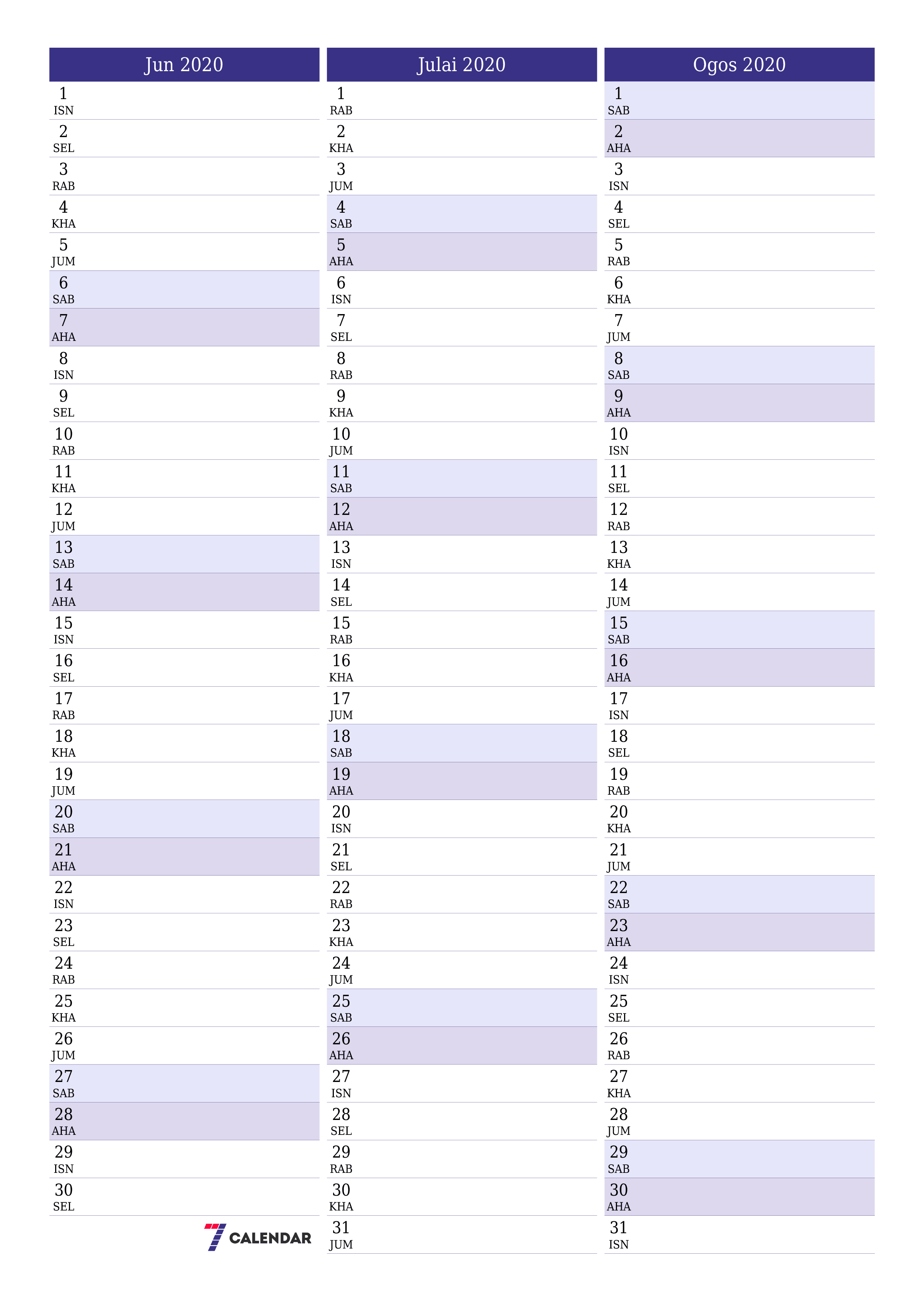 Perancang bulanan kosong untuk bulan Jun 2020 dengan nota, simpan dan cetak ke PDF PNG Malay