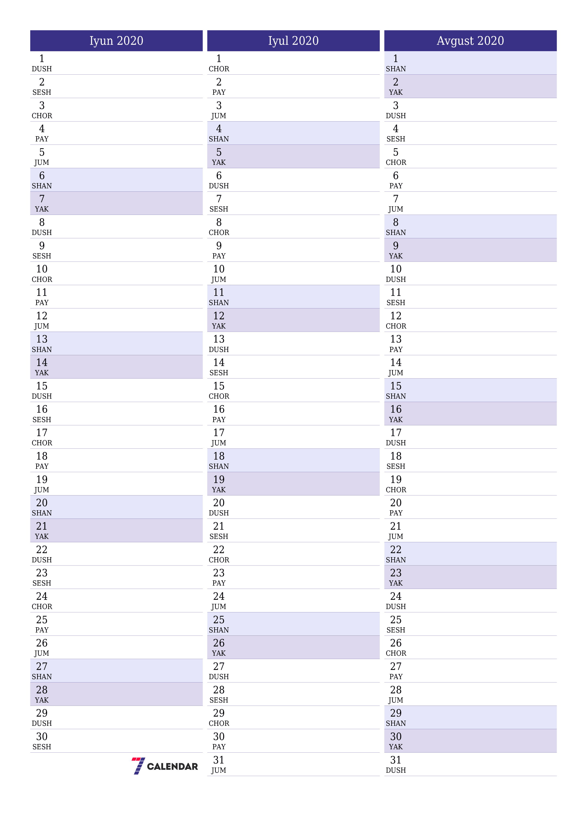 Iyun 2020 oylik oylik rejalashtiruvchini yozuvlar bilan bo'shatish, saqlash va PDF-ga chop etish PNG Uzbek