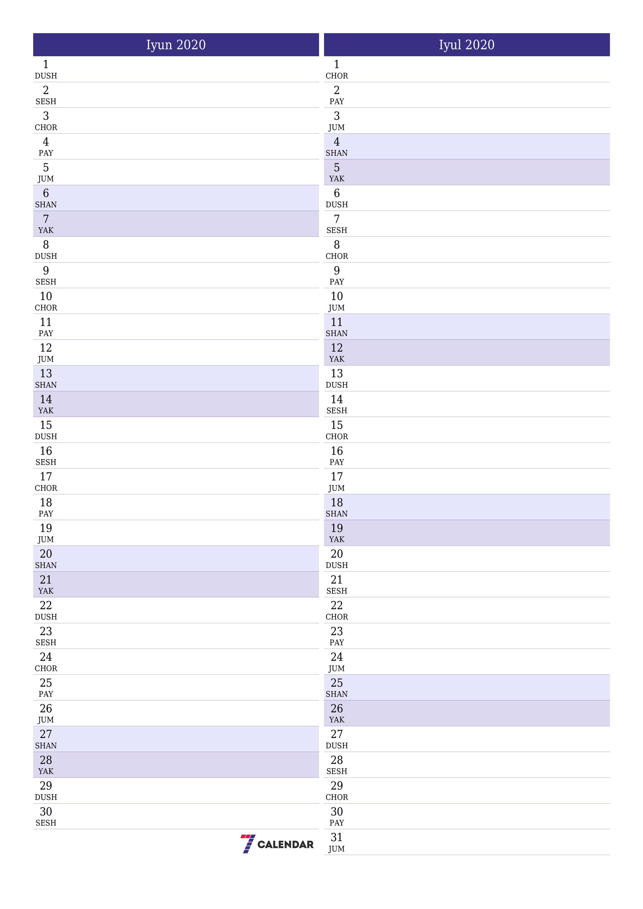 Iyun 2020 oylik oylik rejalashtiruvchini yozuvlar bilan bo'shatish, saqlash va PDF-ga chop etish PNG Uzbek