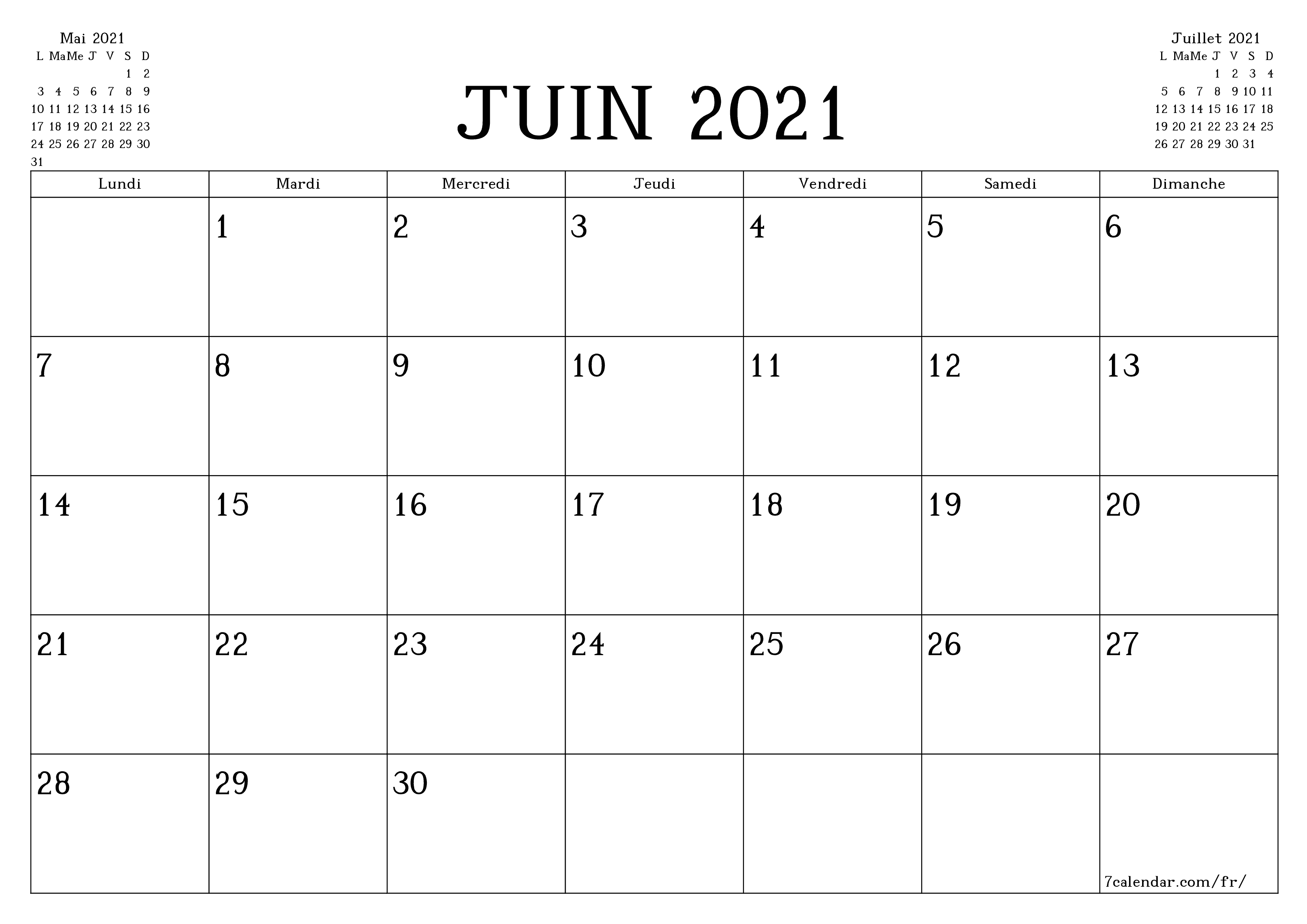 Agenda mensuel vide pour le mois Juin 2021 avec notes, enregistrez et imprimez au format PDF PNG French