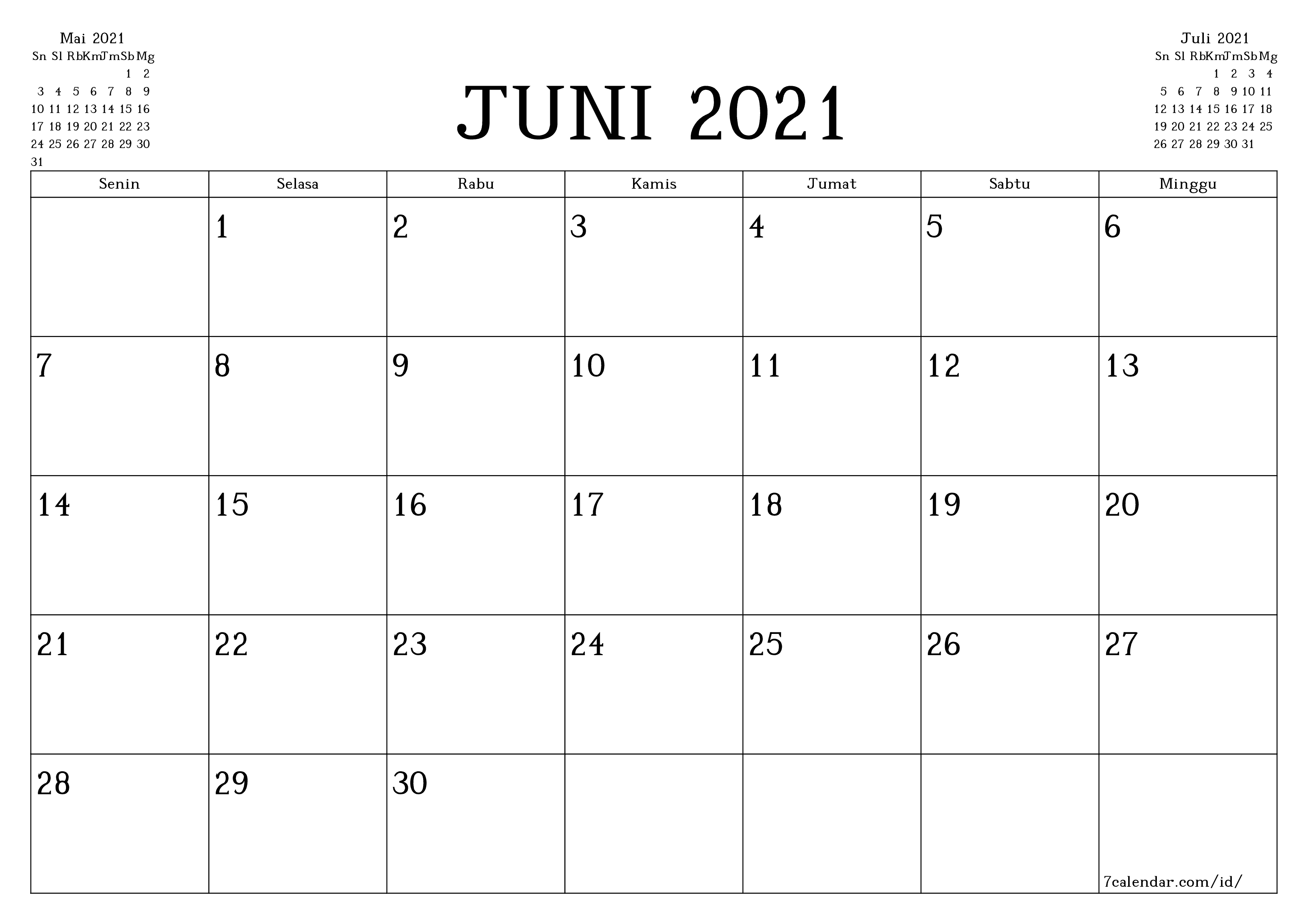 Kosongkan agenda bulanan untuk bulan Juni 2021 dengan catatan, simpan dan cetak ke PDF PNG Indonesian