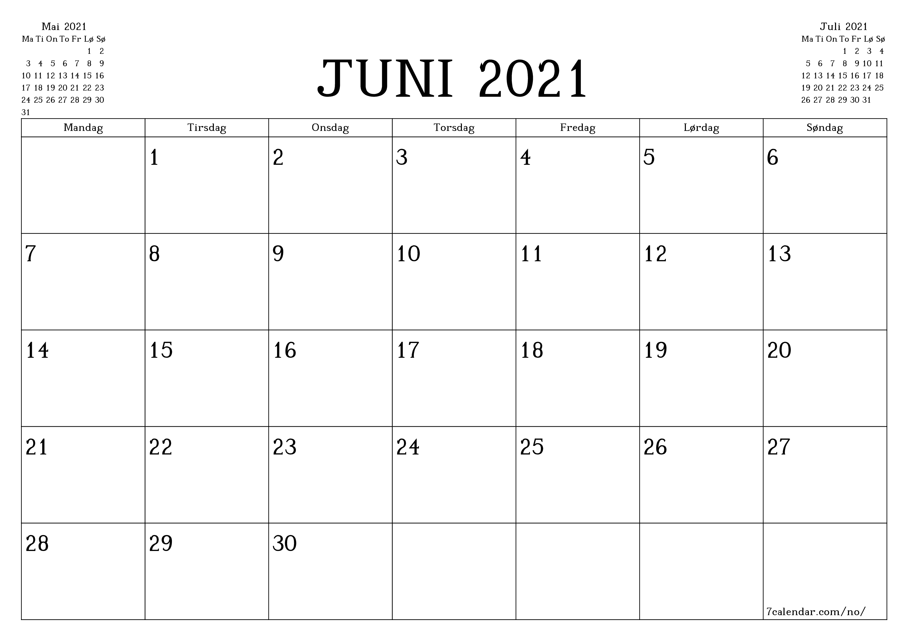 Tom månedlig planlegger for måned Juni 2021 med notater, lagre og skriv ut til PDF PNG Norwegian