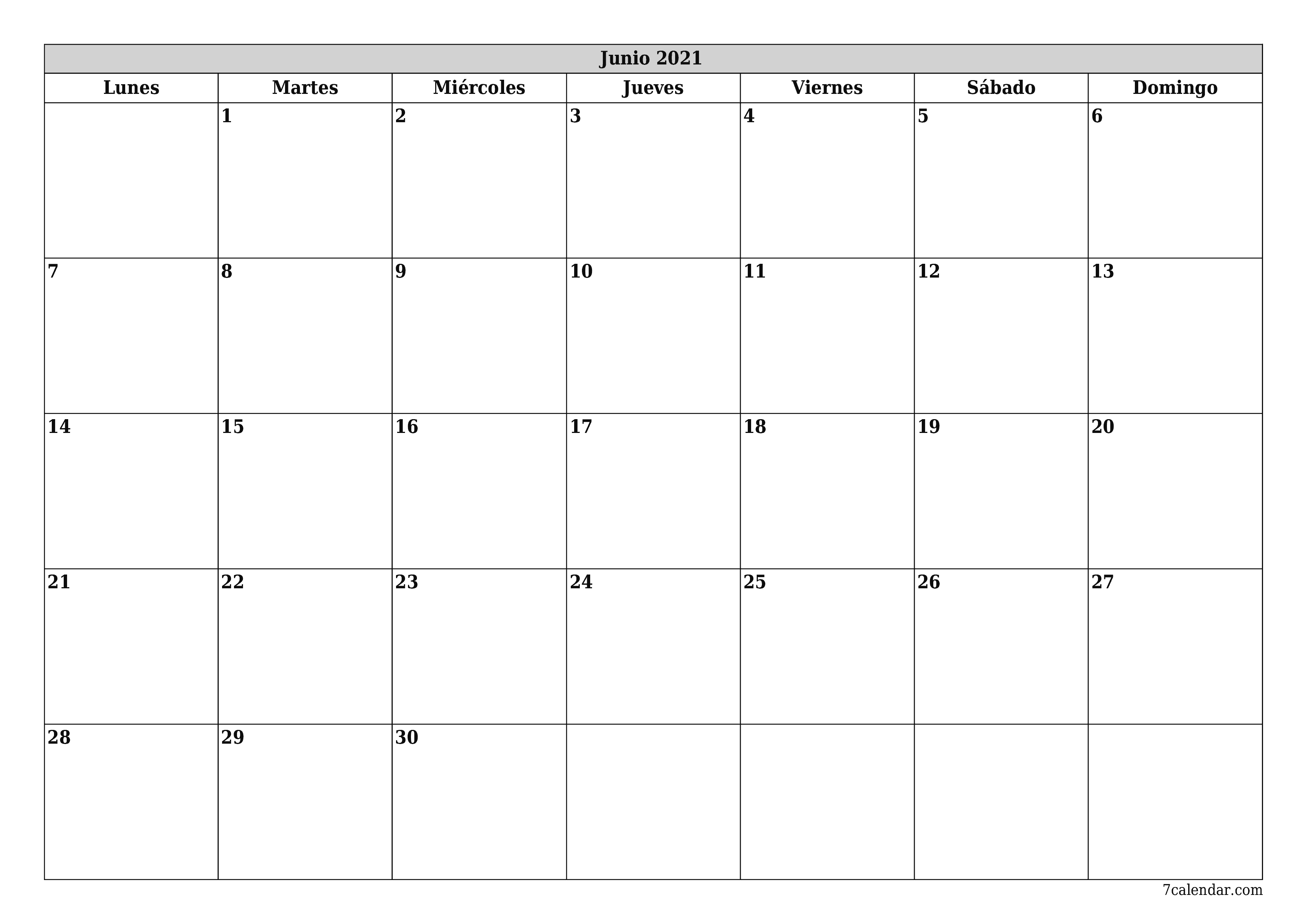 Planificador mensual vacío para el mes Junio 2021 con notas, guardar e imprimir en PDF PNG Spanish