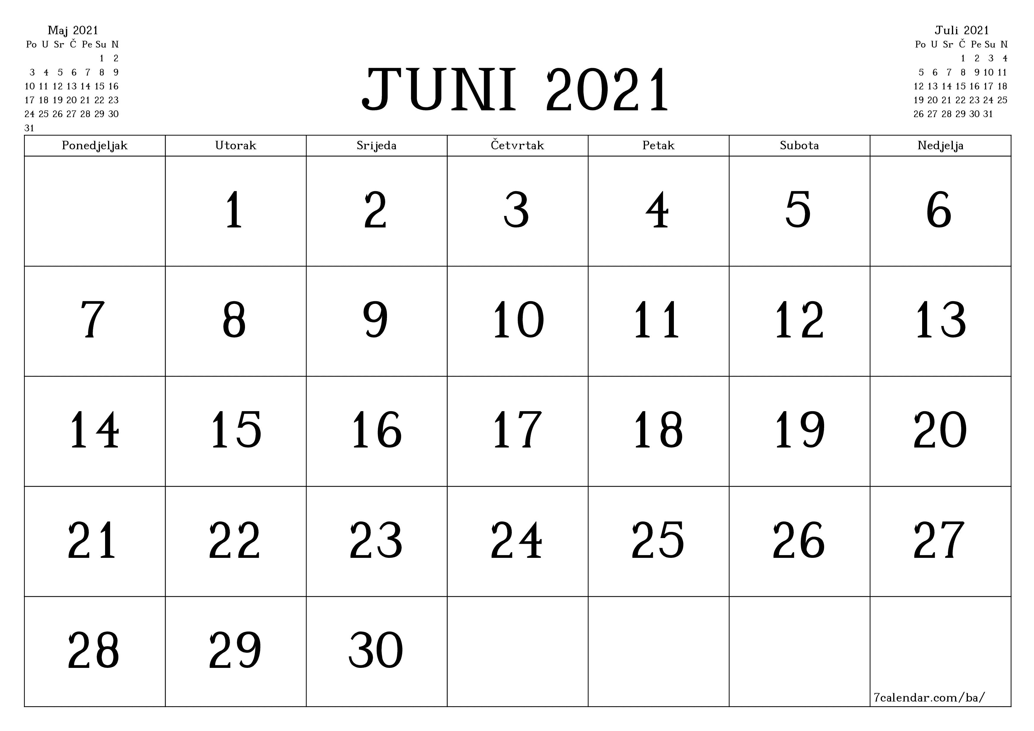 Ispraznite mjesečni planer za mjesec Juni 2021 s bilješkama, spremite i ispišite u PDF PNG Bosnian