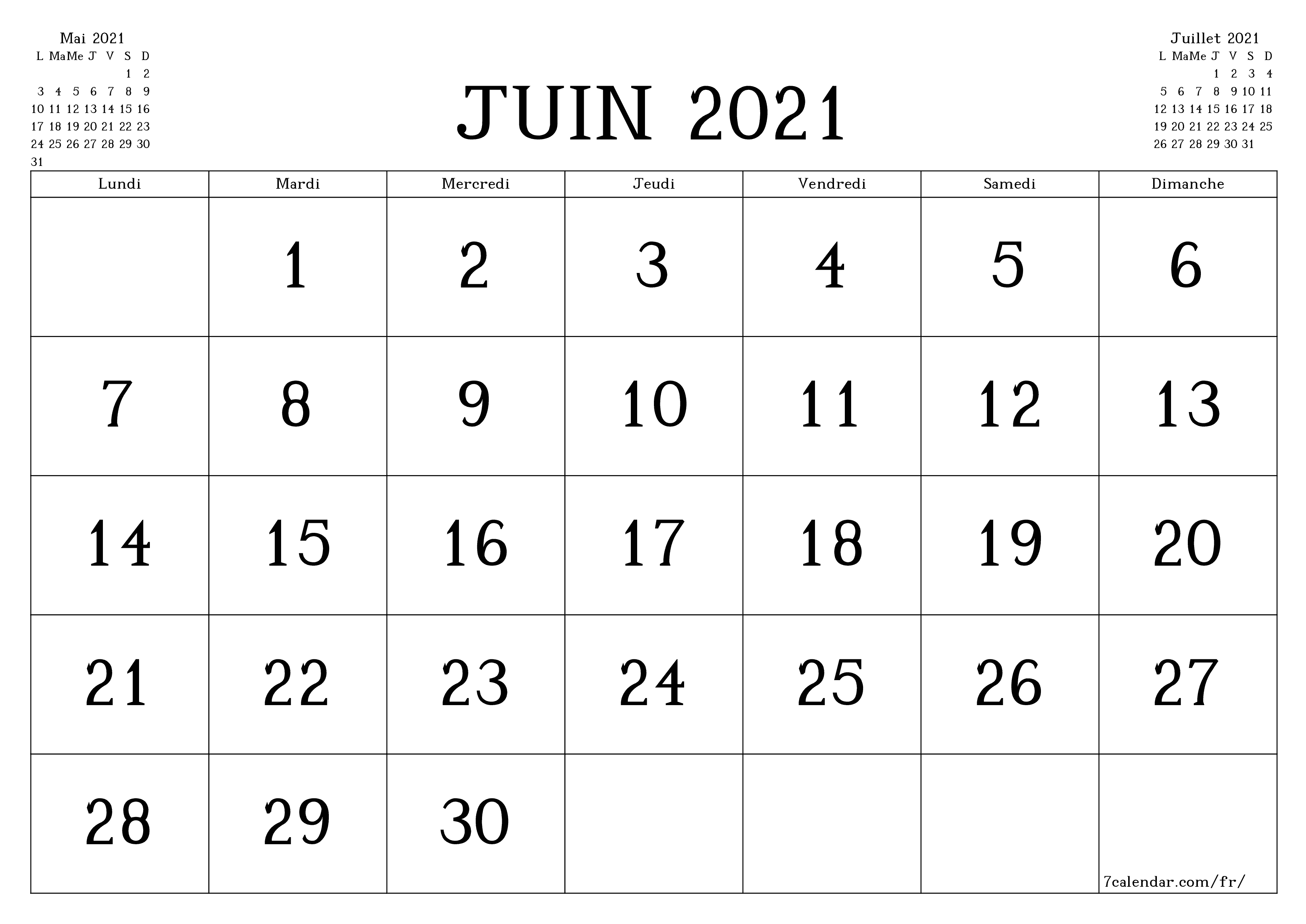 Agenda mensuel vide pour le mois Juin 2021 avec notes, enregistrez et imprimez au format PDF PNG French
