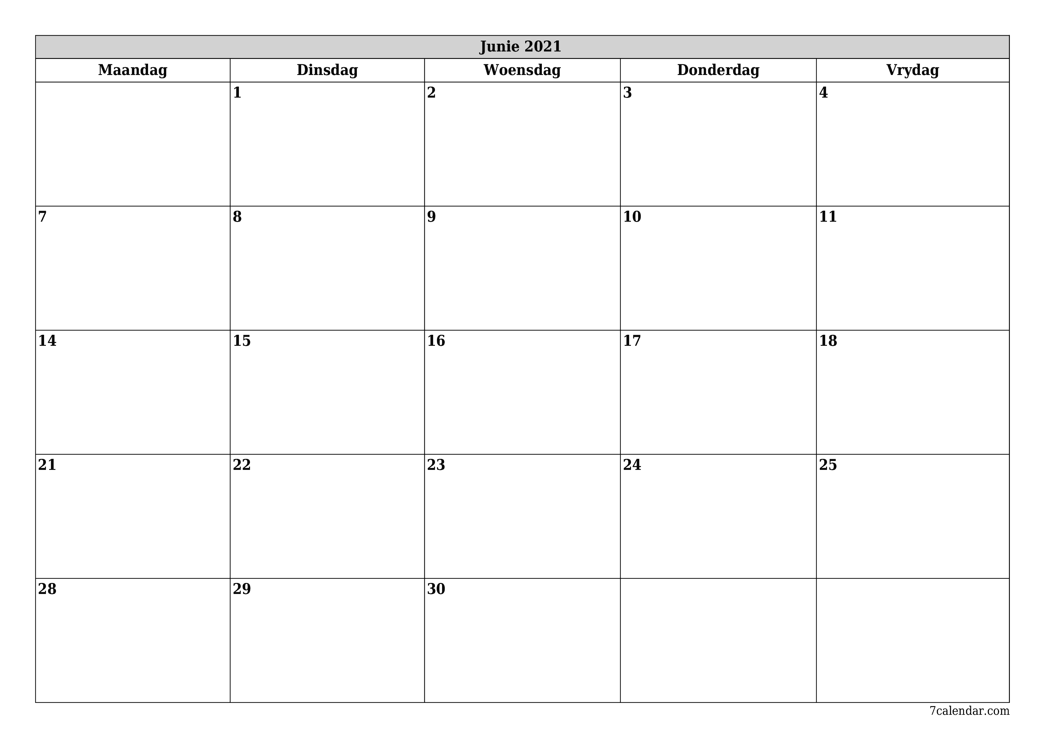 Leë maandelikse drukbare kalender en beplanner vir maand Junie 2021 met notas stoor en druk na PDF PNG Afrikaans