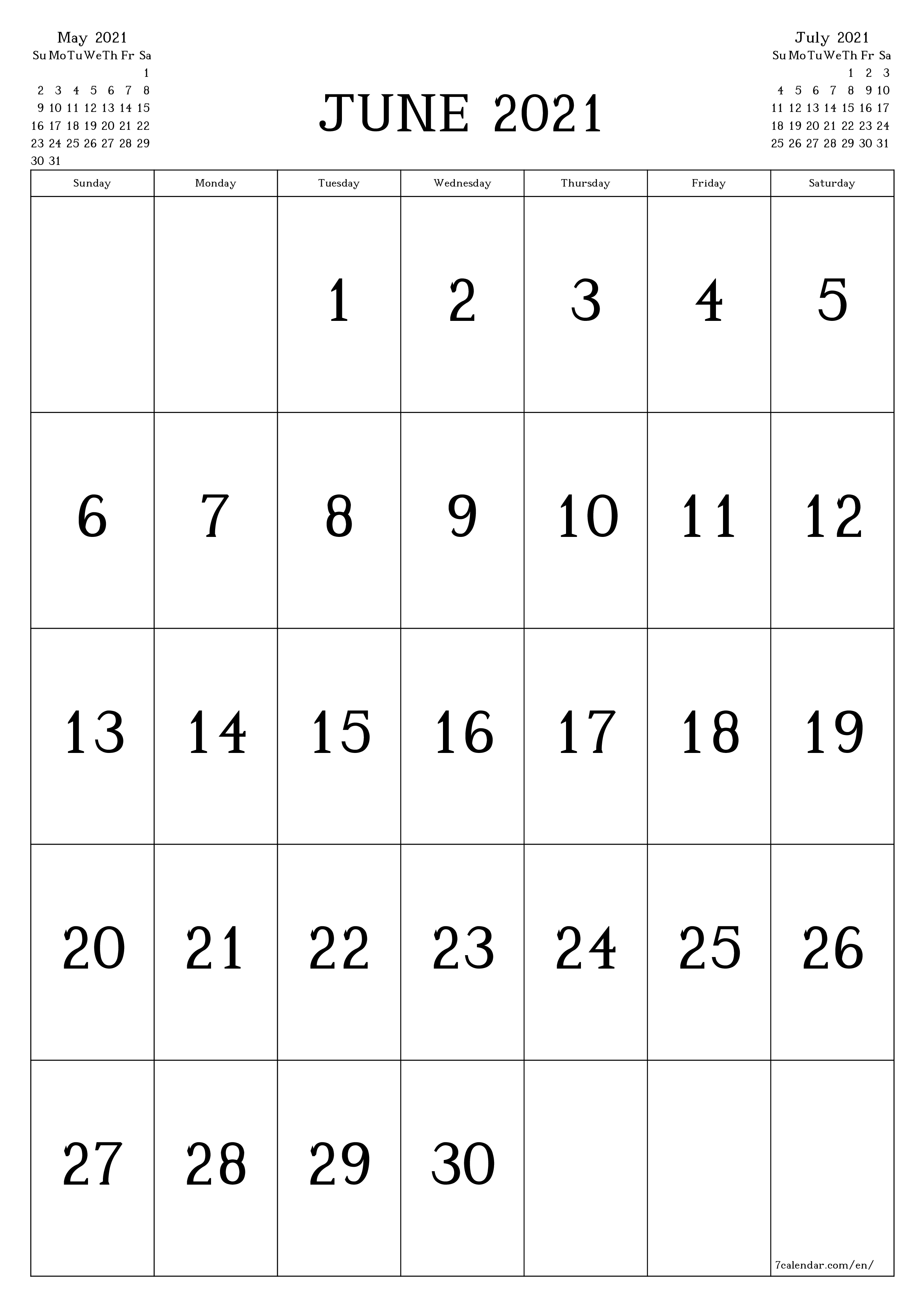 Blank monthly dated HD template image of calendar for month June 2021 save and print to PDF PNG English - 7calendar.com
