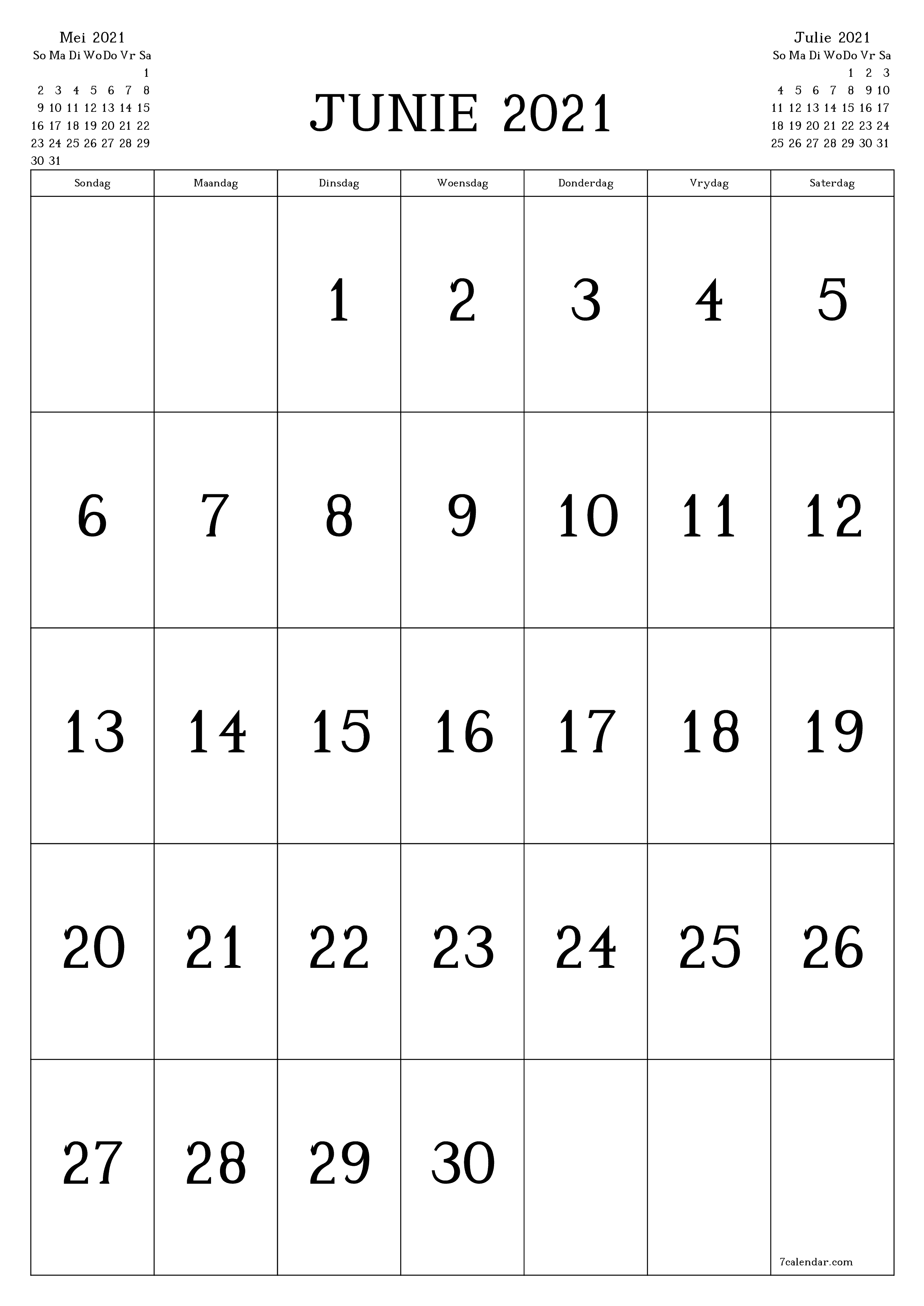 Leë maandelikse drukbare kalender en beplanner vir maand Junie 2021 met notas stoor en druk na PDF PNG Afrikaans