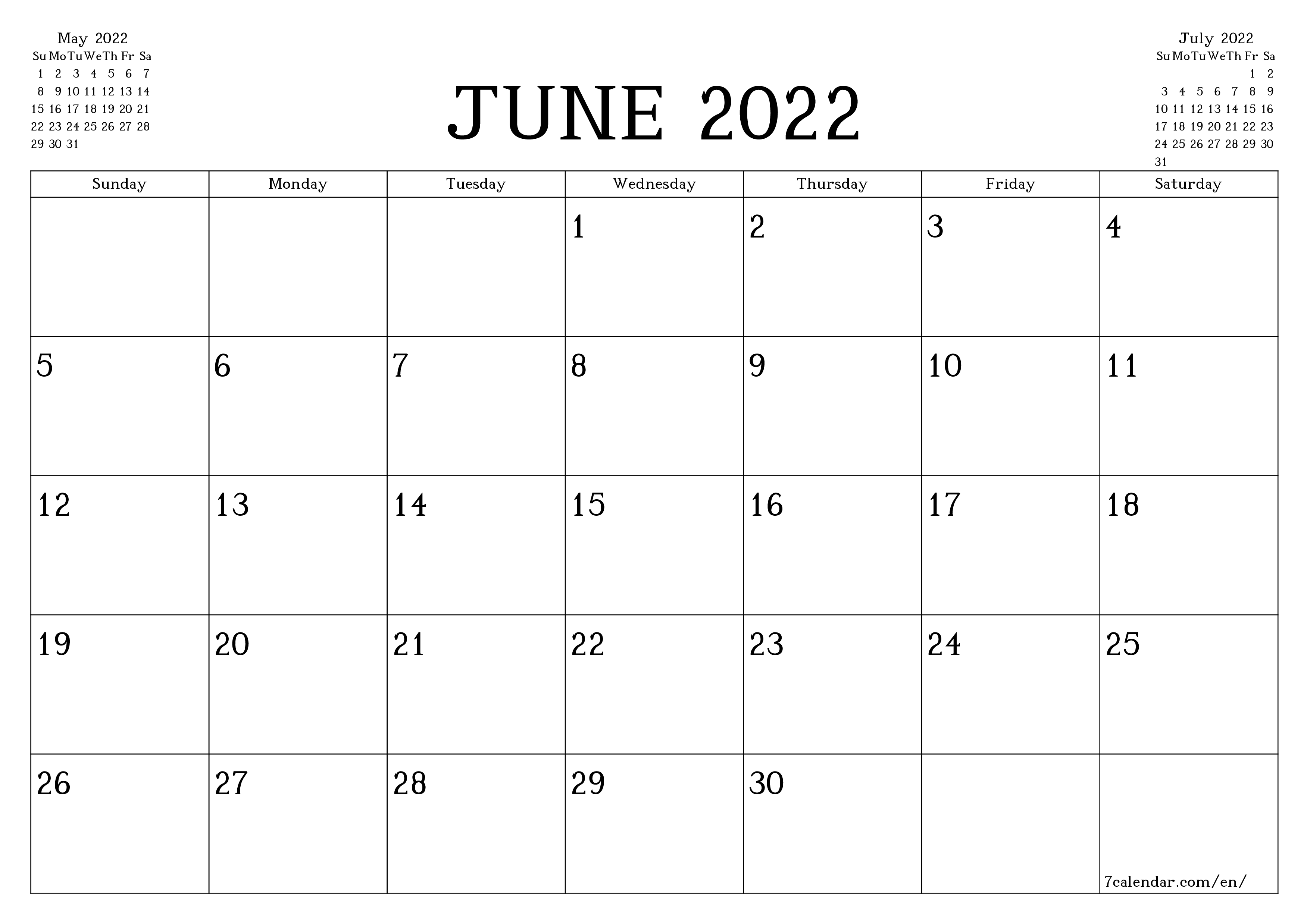 printable wall template free horizontal Monthly planner calendar June (Jun) 2022