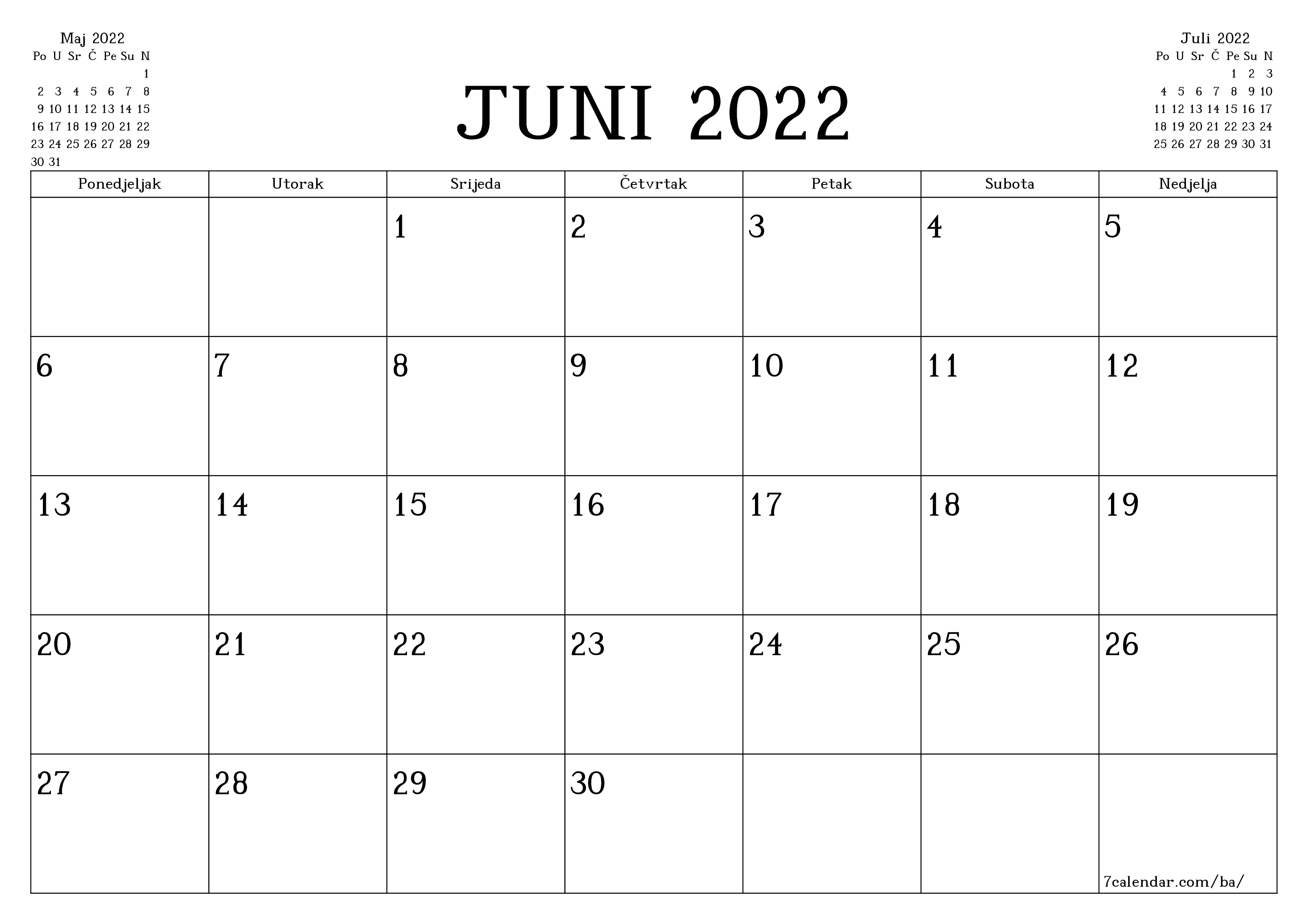 Ispraznite mjesečni planer za mjesec Juni 2022 s bilješkama, spremite i ispišite u PDF PNG Bosnian - 7calendar.com