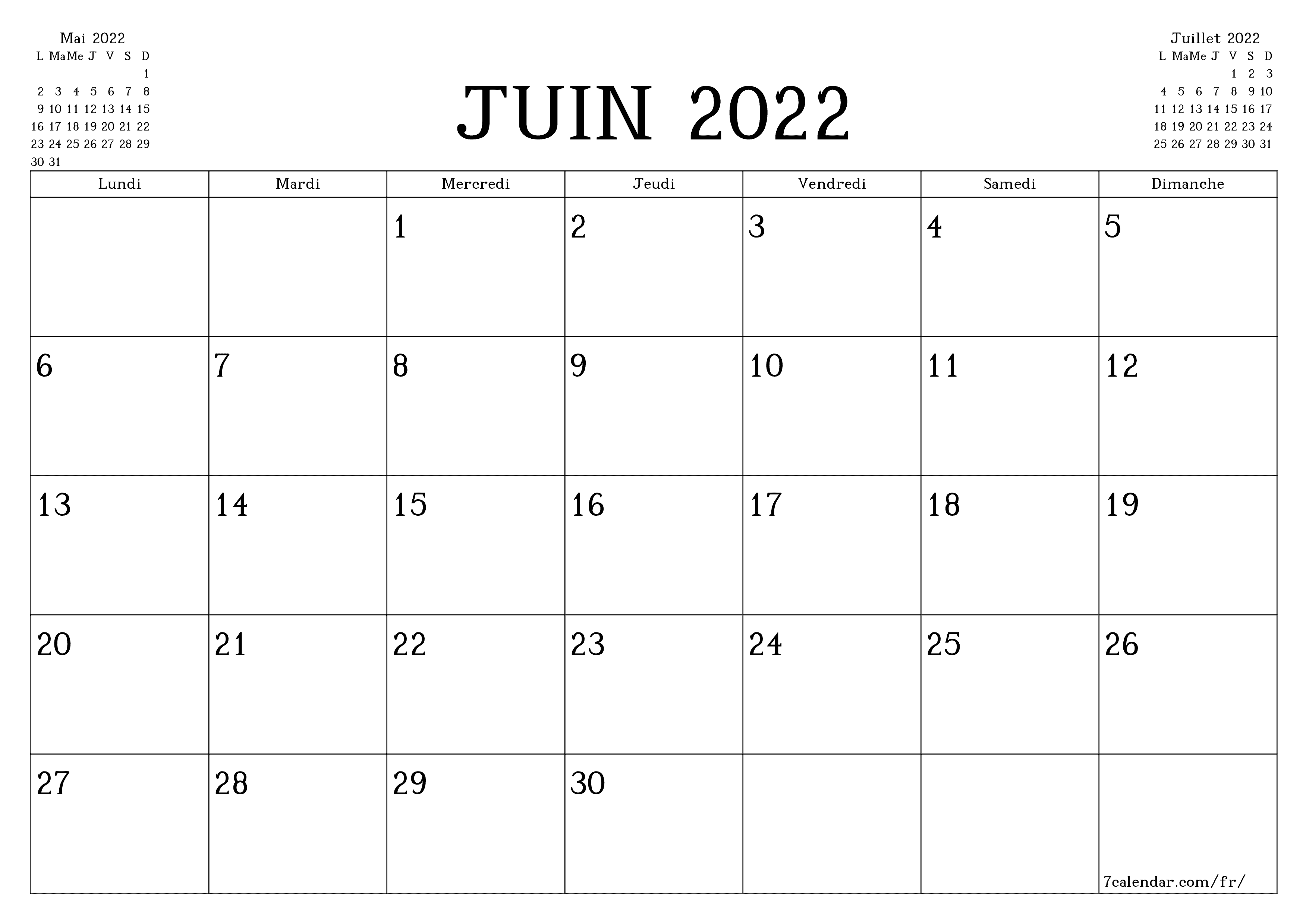 Agenda mensuel vide pour le mois Juin 2022 avec notes, enregistrez et imprimez au format PDF PNG French - 7calendar.com