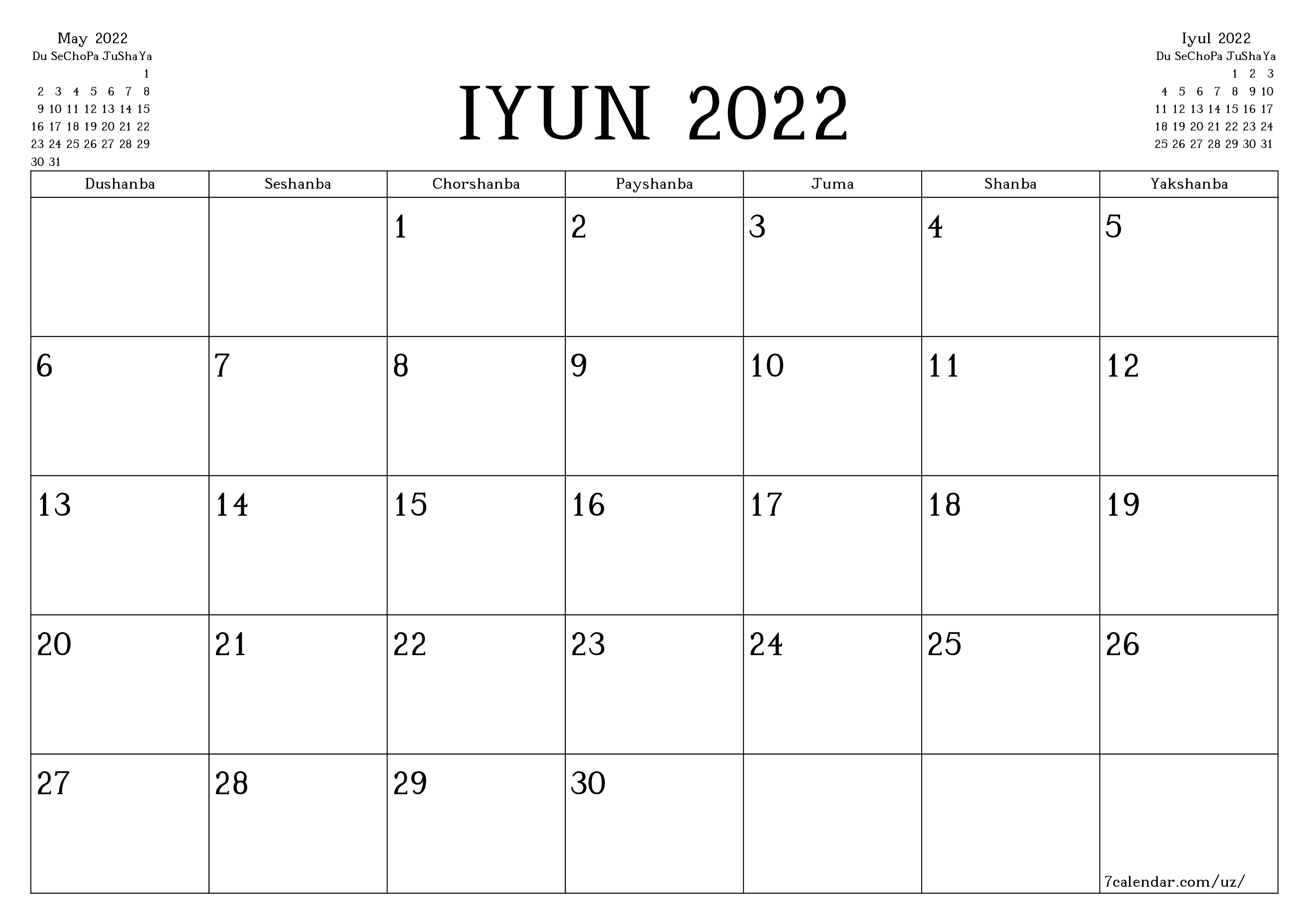 Iyun 2022 oylik oylik rejalashtiruvchini yozuvlar bilan bo'shatish, saqlash va PDF-ga chop etish PNG Uzbek - 7calendar.com