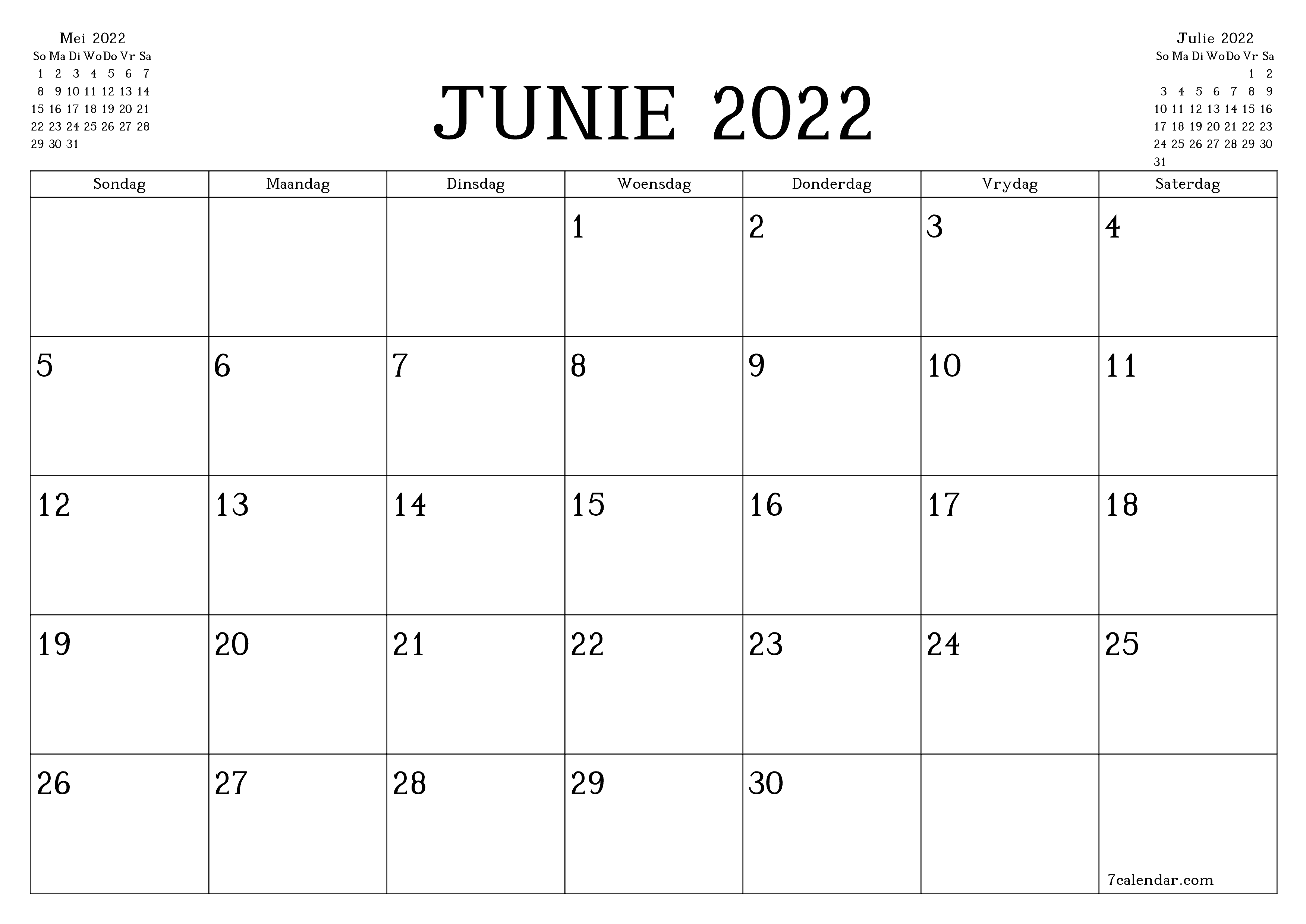 Leë maandelikse drukbare kalender en beplanner vir maand Junie 2022 met notas stoor en druk na PDF PNG Afrikaans - 7calendar.com