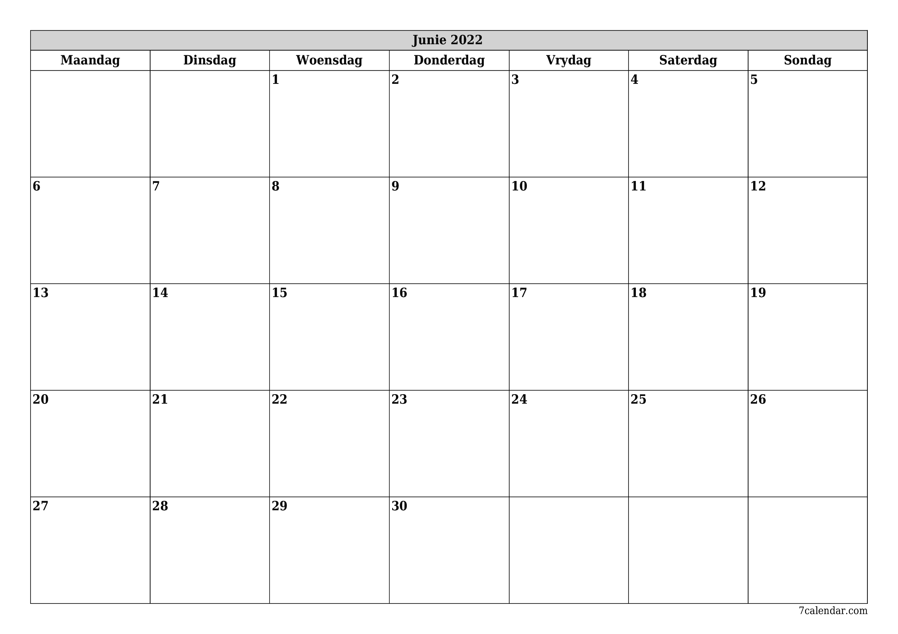 Leë maandelikse drukbare kalender en beplanner vir maand Junie 2022 met notas stoor en druk na PDF PNG Afrikaans