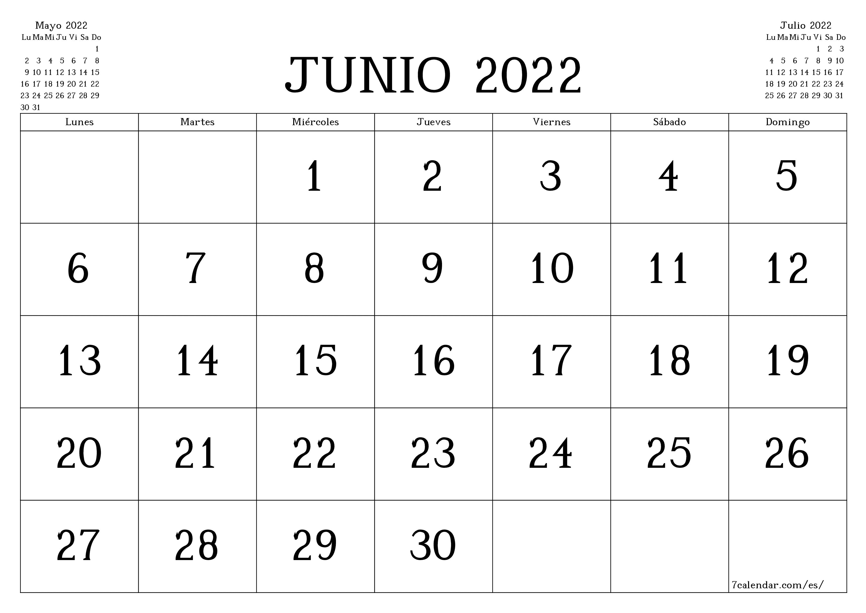 Calendario mensual en blanco para el mes Junio 2022 guardar e imprimir en PDF PNG Spanish - 7calendar.com