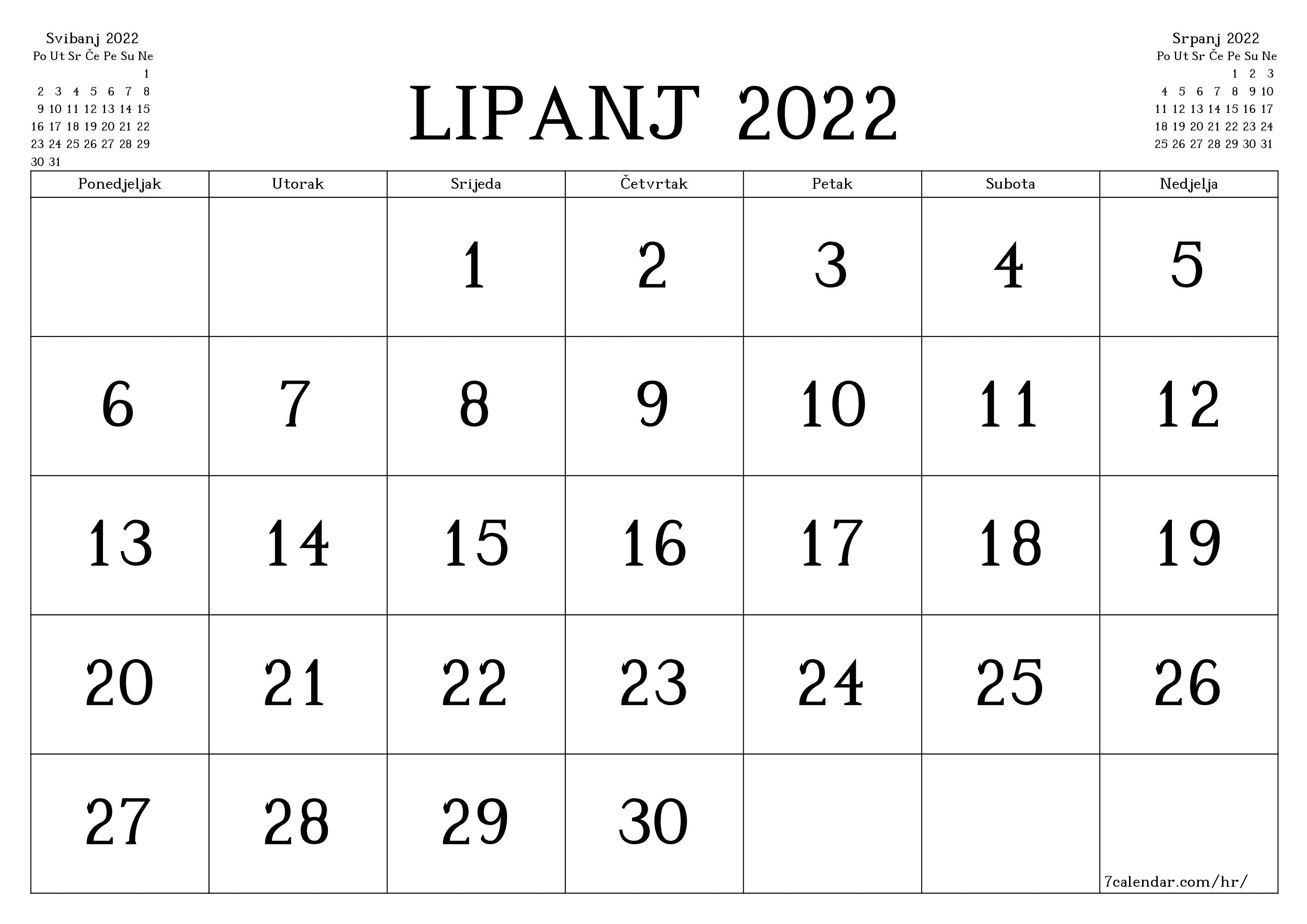 Ispraznite mjesečni planer za mjesec Lipanj 2022 s bilješkama, spremite i ispišite u PDF PNG Croatian - 7calendar.com