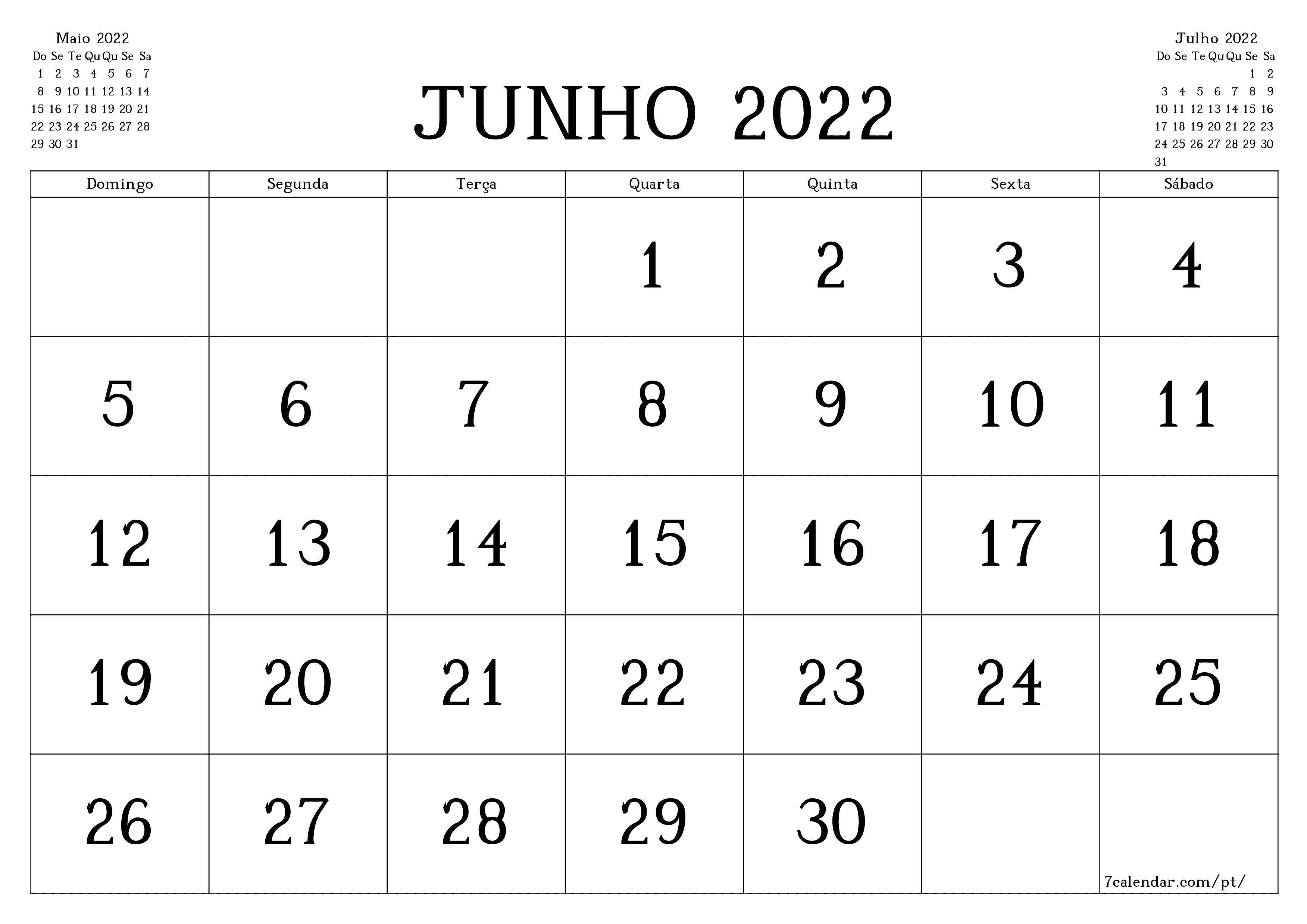 Esvazie o planejador mensal para o mês Junho 2022 com notas, salve e imprima em PDF PNG Portuguese - 7calendar.com