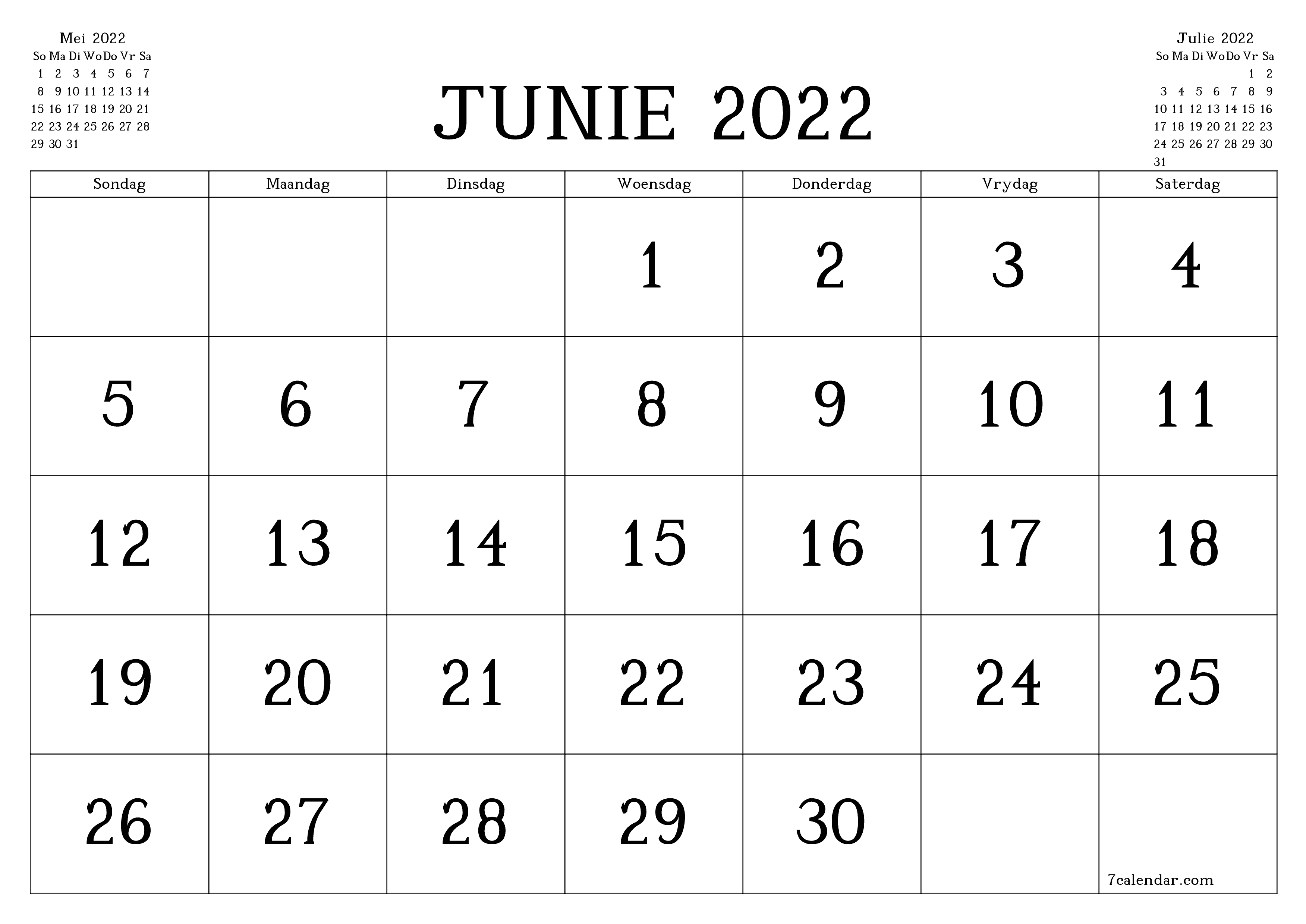 Leë maandelikse drukbare kalender en beplanner vir maand Junie 2022 met notas stoor en druk na PDF PNG Afrikaans