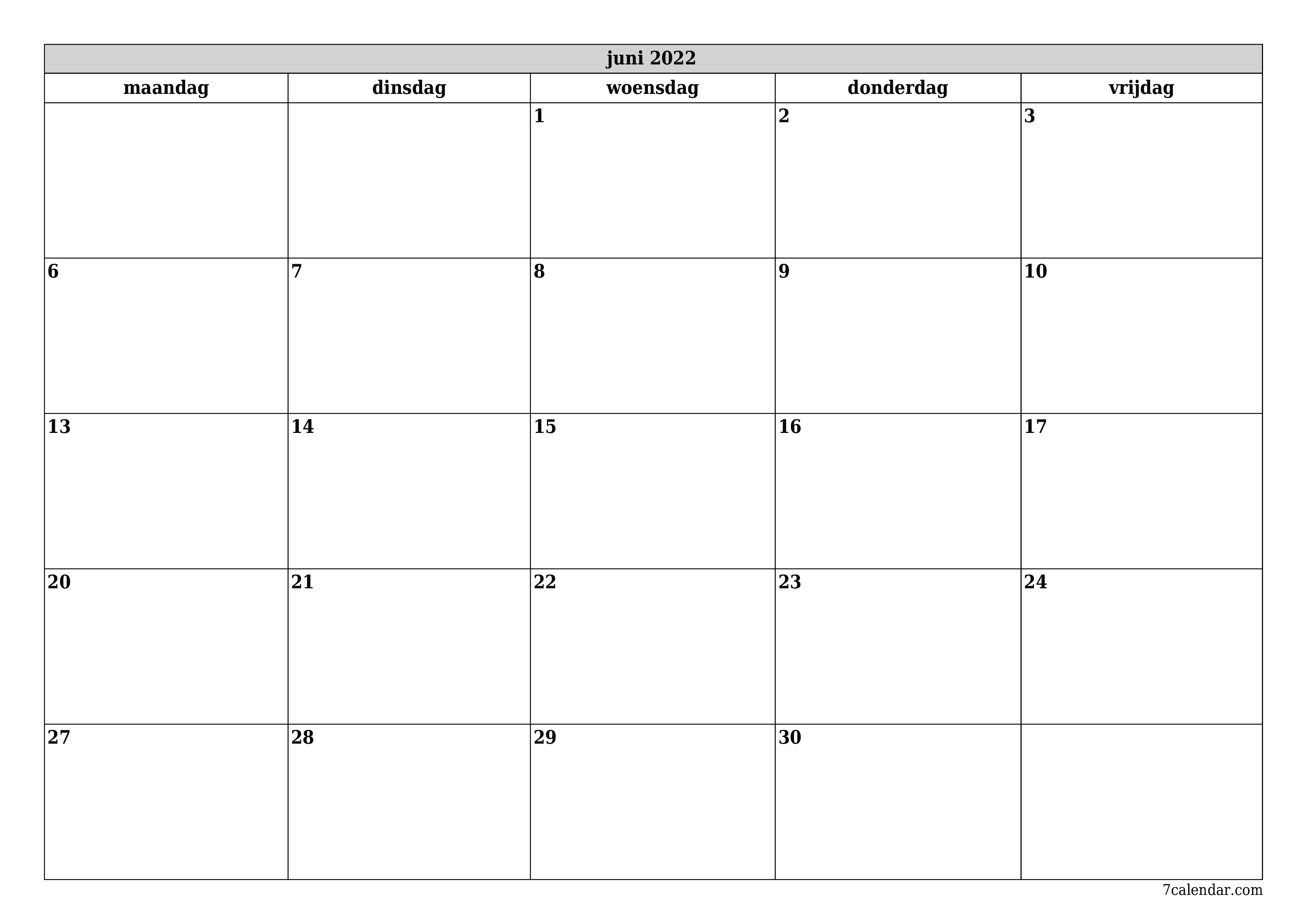 Lege maandplanner voor maand juni 2022 met notities, opslaan en afdrukken naar pdf PNG Dutch