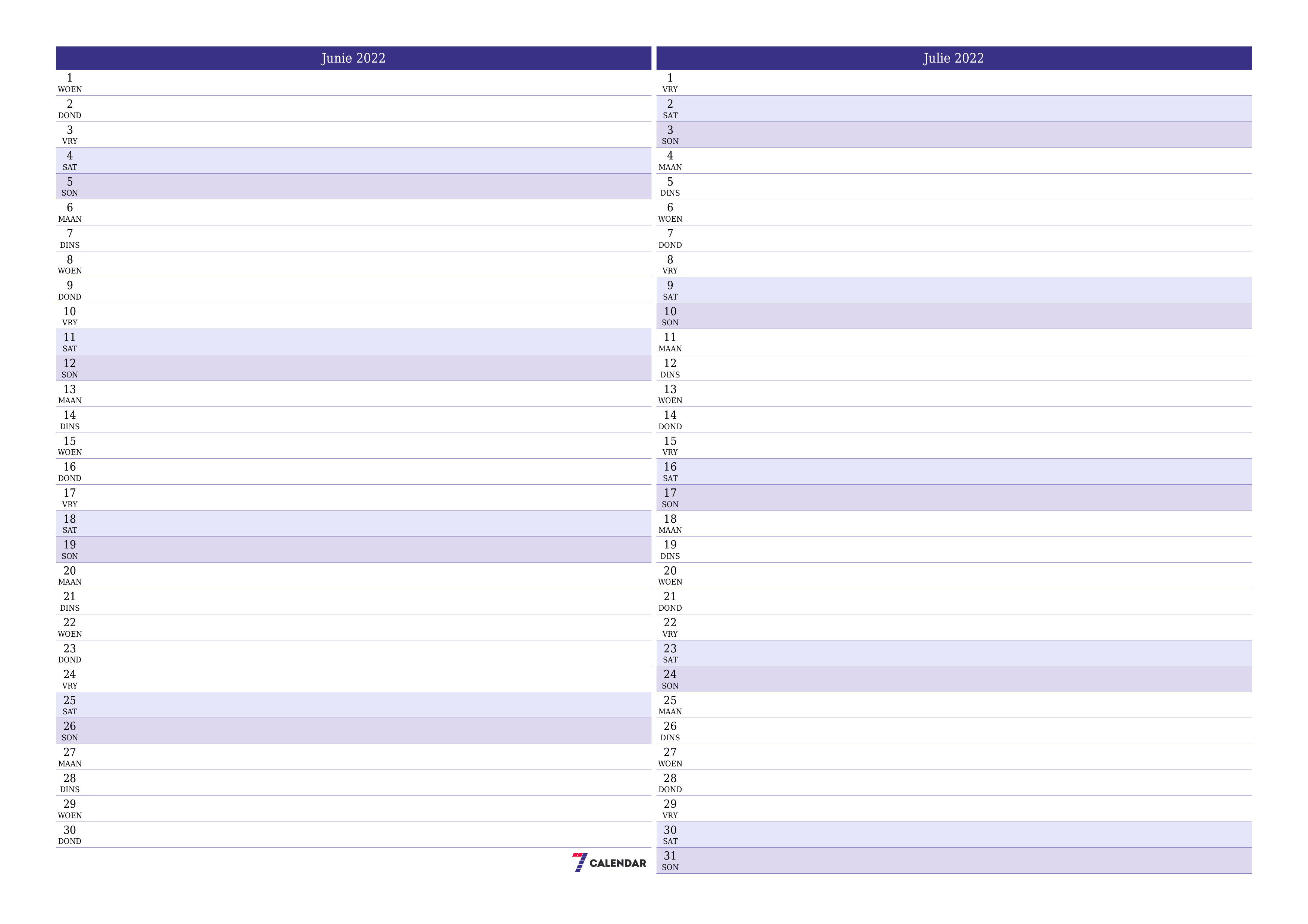 Leë maandelikse drukbare kalender en beplanner vir maand Junie 2022 met notas stoor en druk na PDF PNG Afrikaans