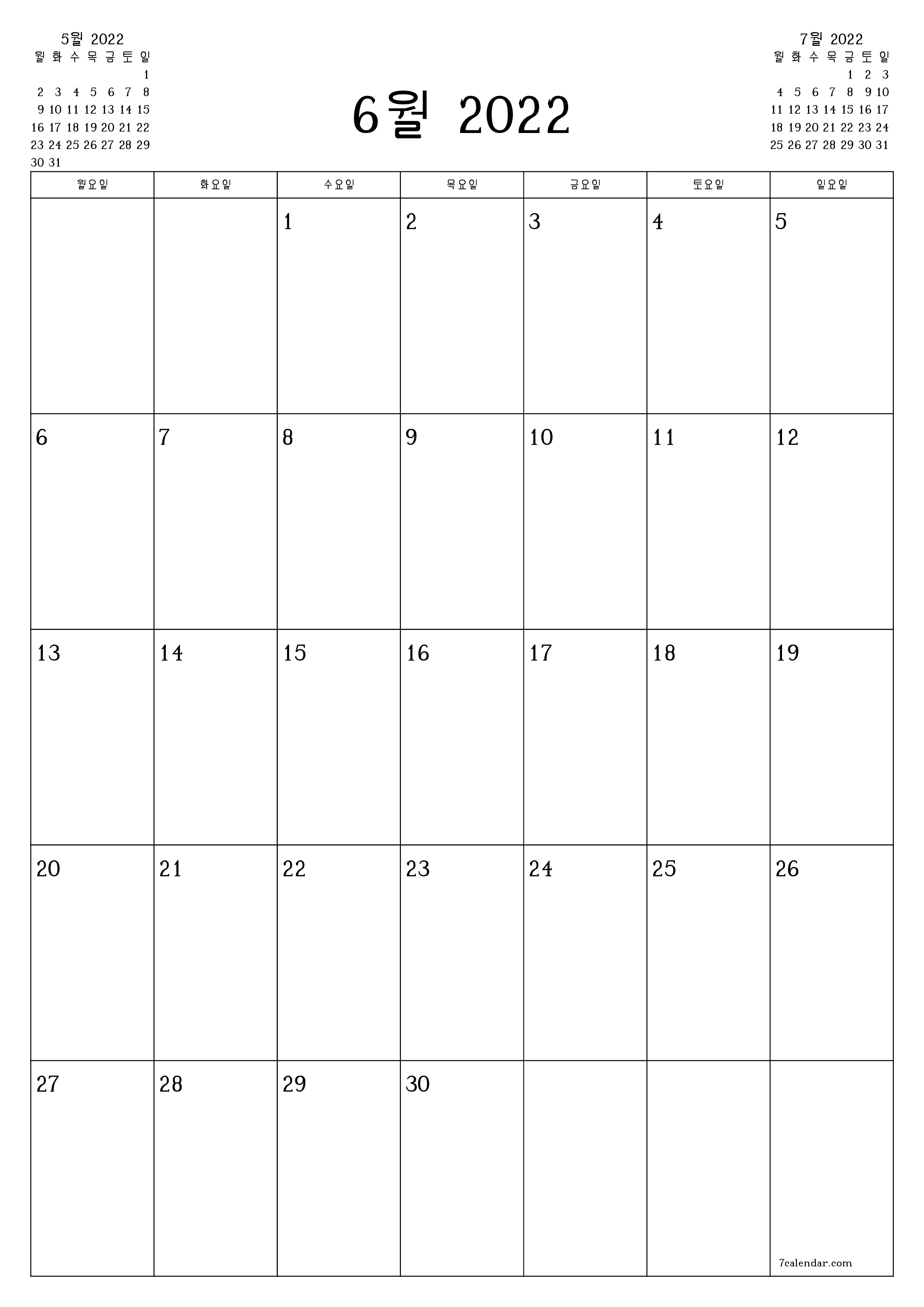 메모가있는 6월 2022 월의 월간 플래너 비우기, PDF PNG Korean-7calendar.com으로 저장 및 인쇄